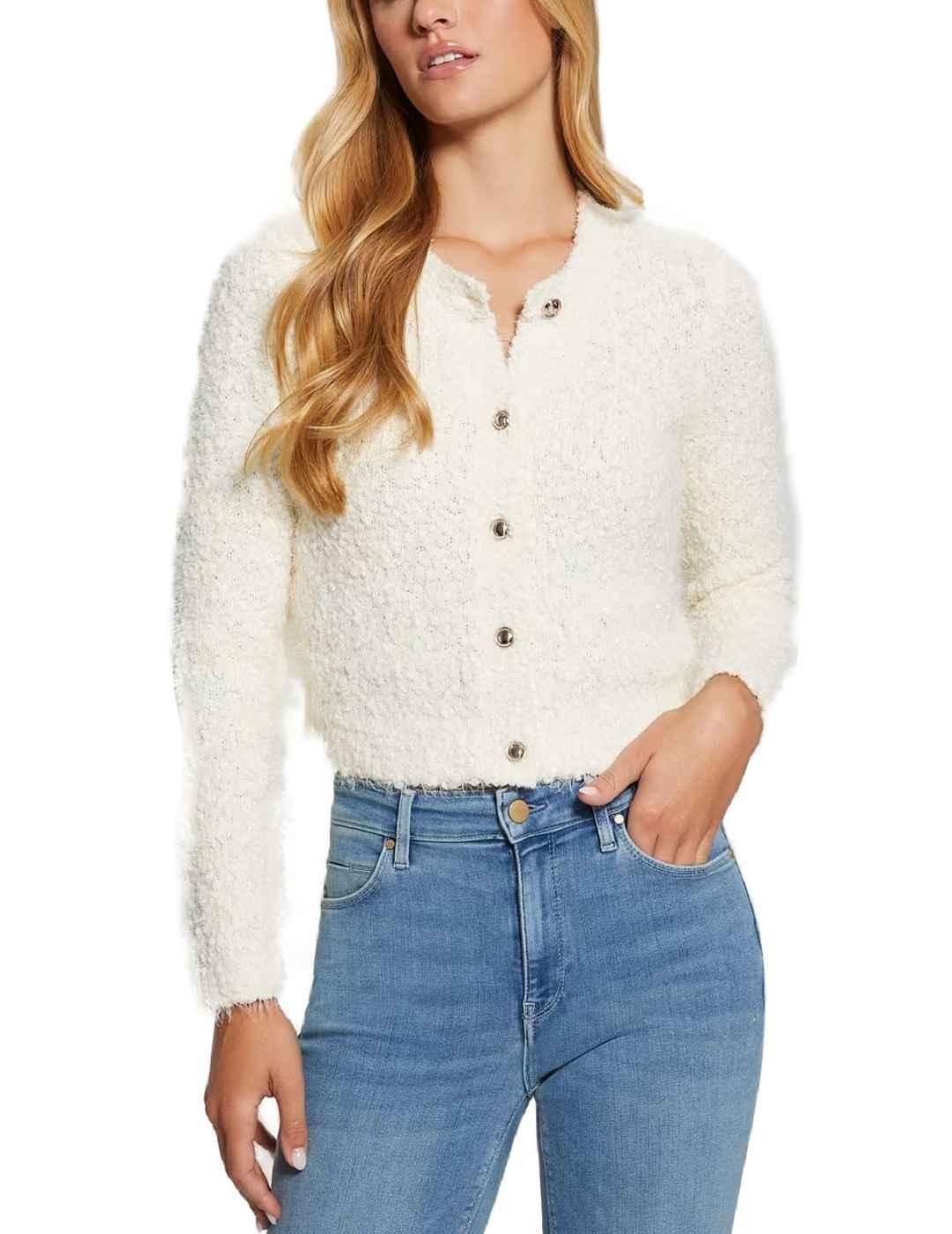 Chaqueta cárdigan Guess Ume blanco borreguillo para mujer