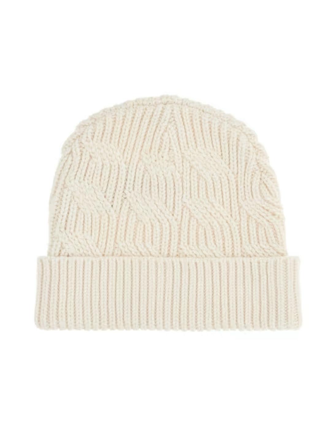 Gorro Guess Cable blanco roto de lana trenzada para hombre