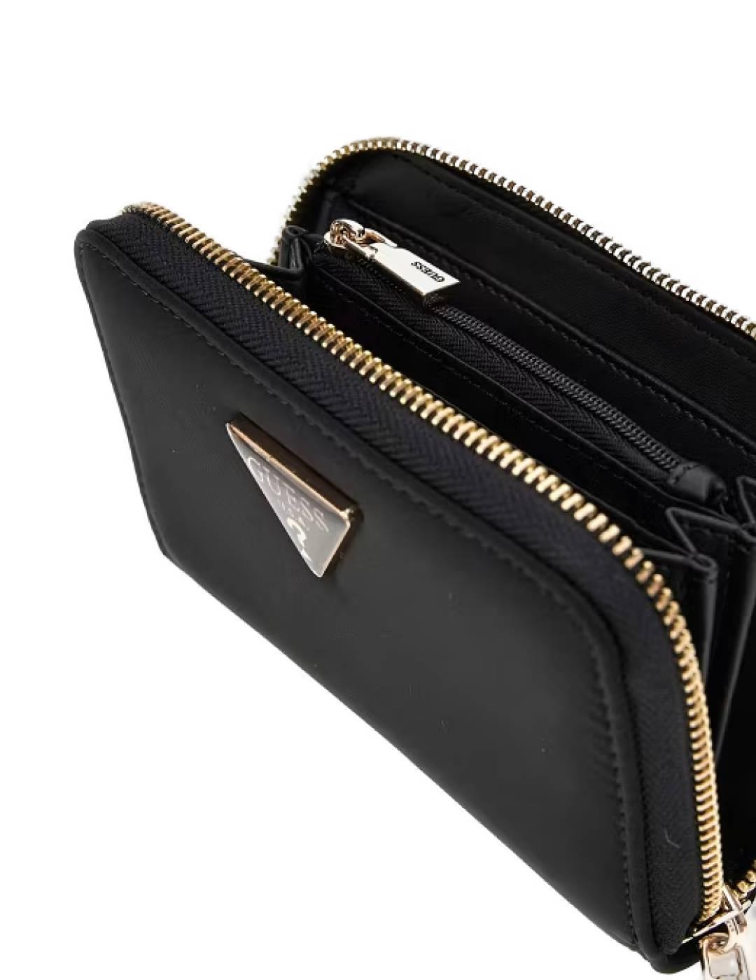 Cartera Guess Eco Gemma negro y dorado con cremallera mujer