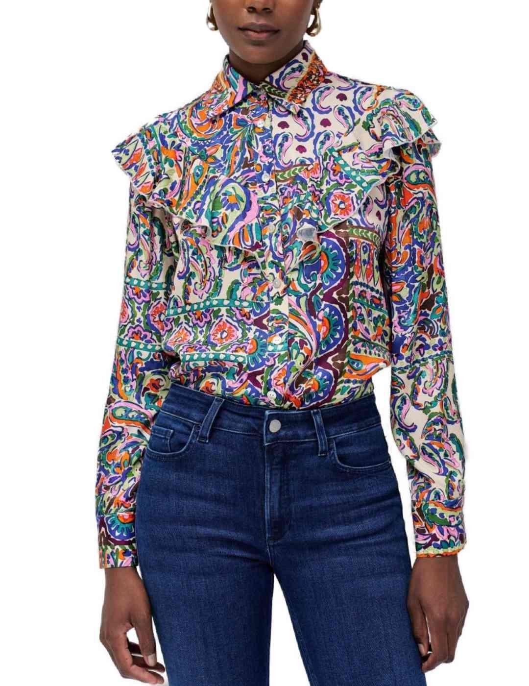 Camisa Salsa crudo estampada volante satinada para mujer