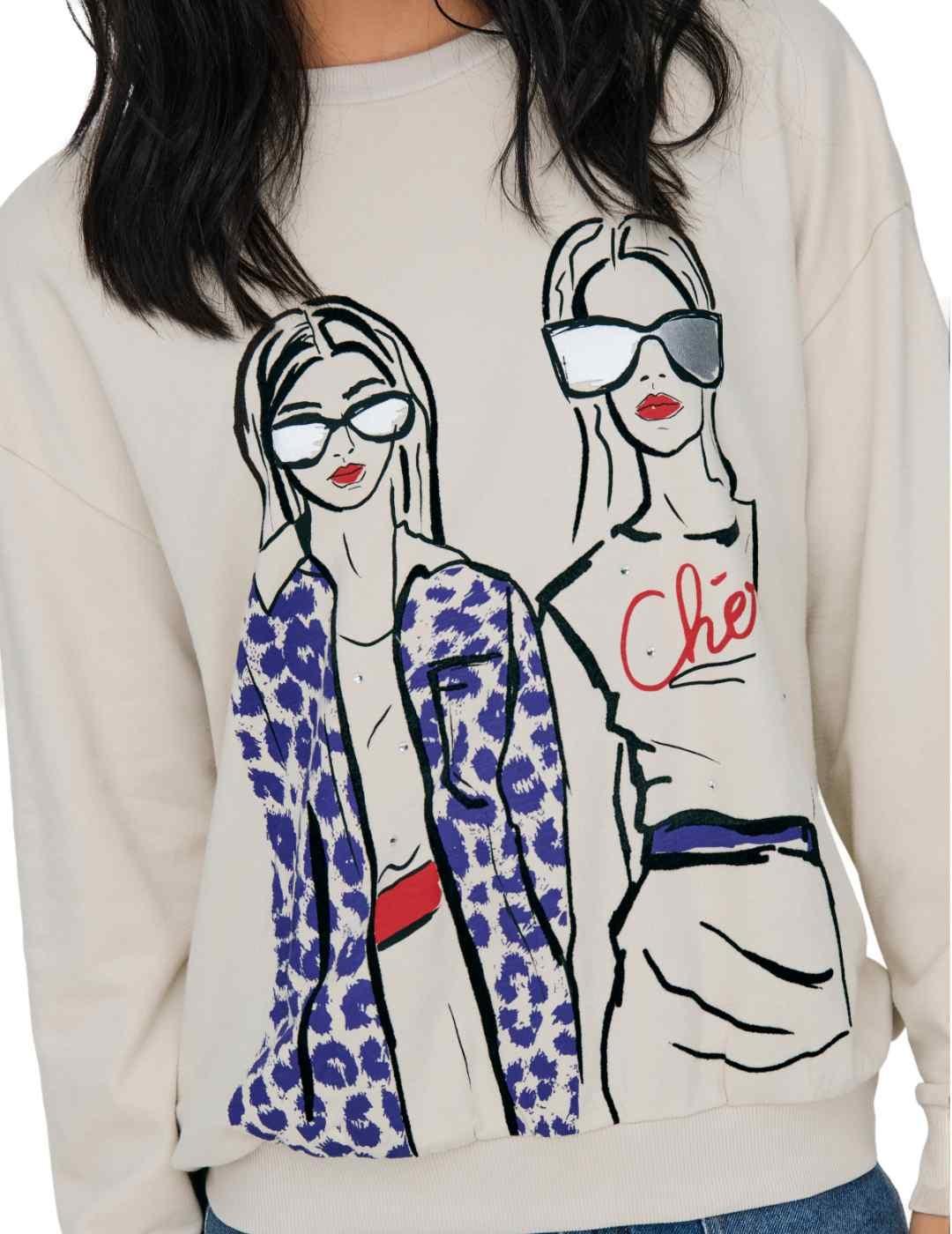 Sudadera Only Sille beige sin capucha estampado para mujer