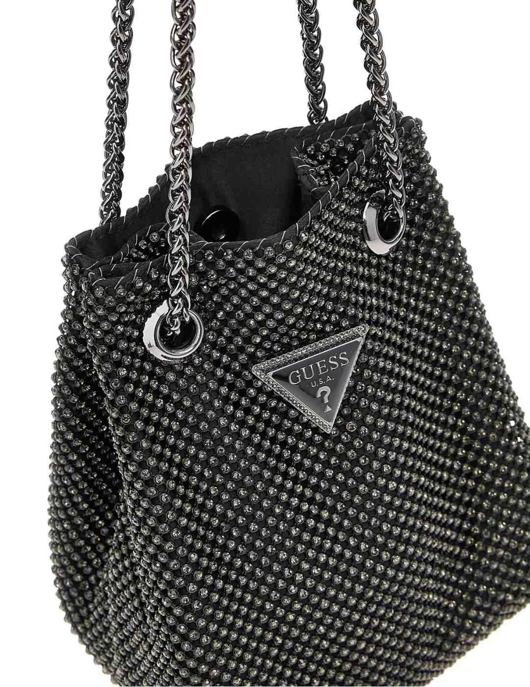 Bolso Guess Zalina bombonera plateado brillos para mujer