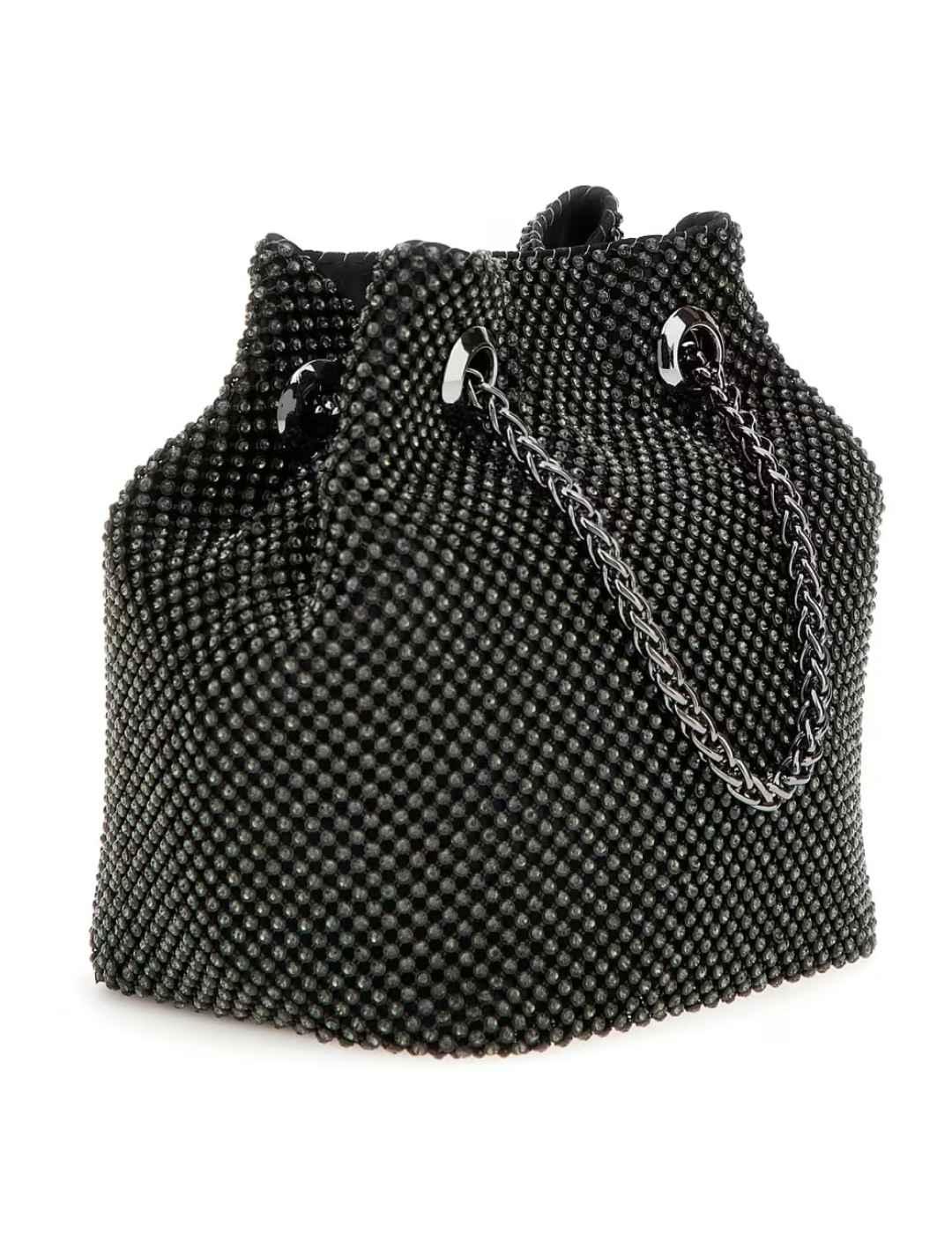 Bolso Guess Zalina bombonera plateado brillos para mujer