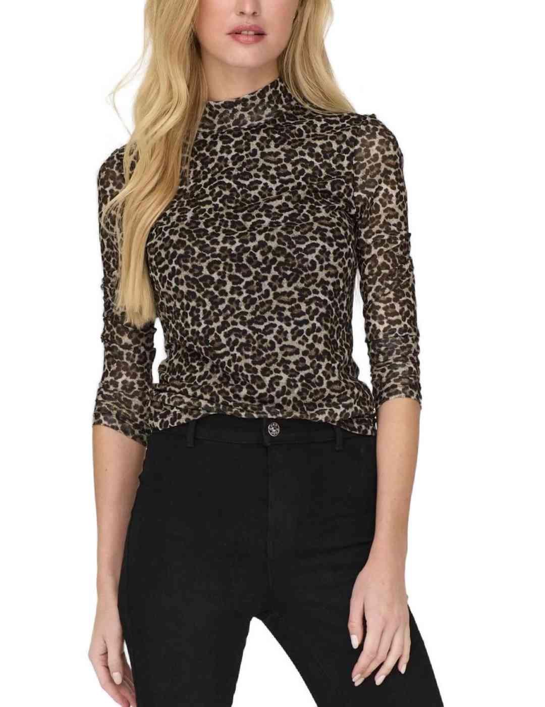 Camiseta Only Erica leopardo tul manga larga para mujer