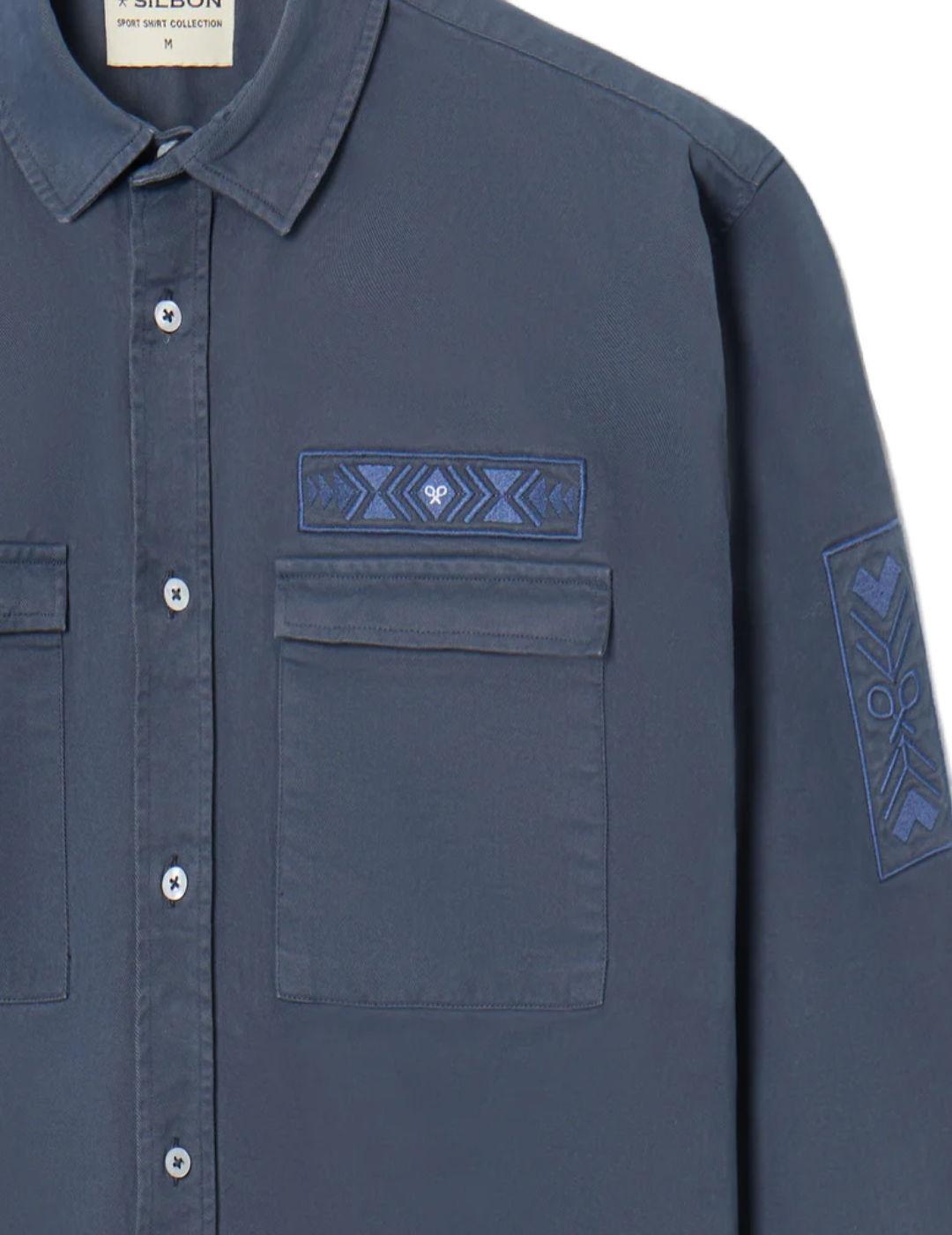 Sobrecamisa Silbon azul marino bordado étnico para hombre