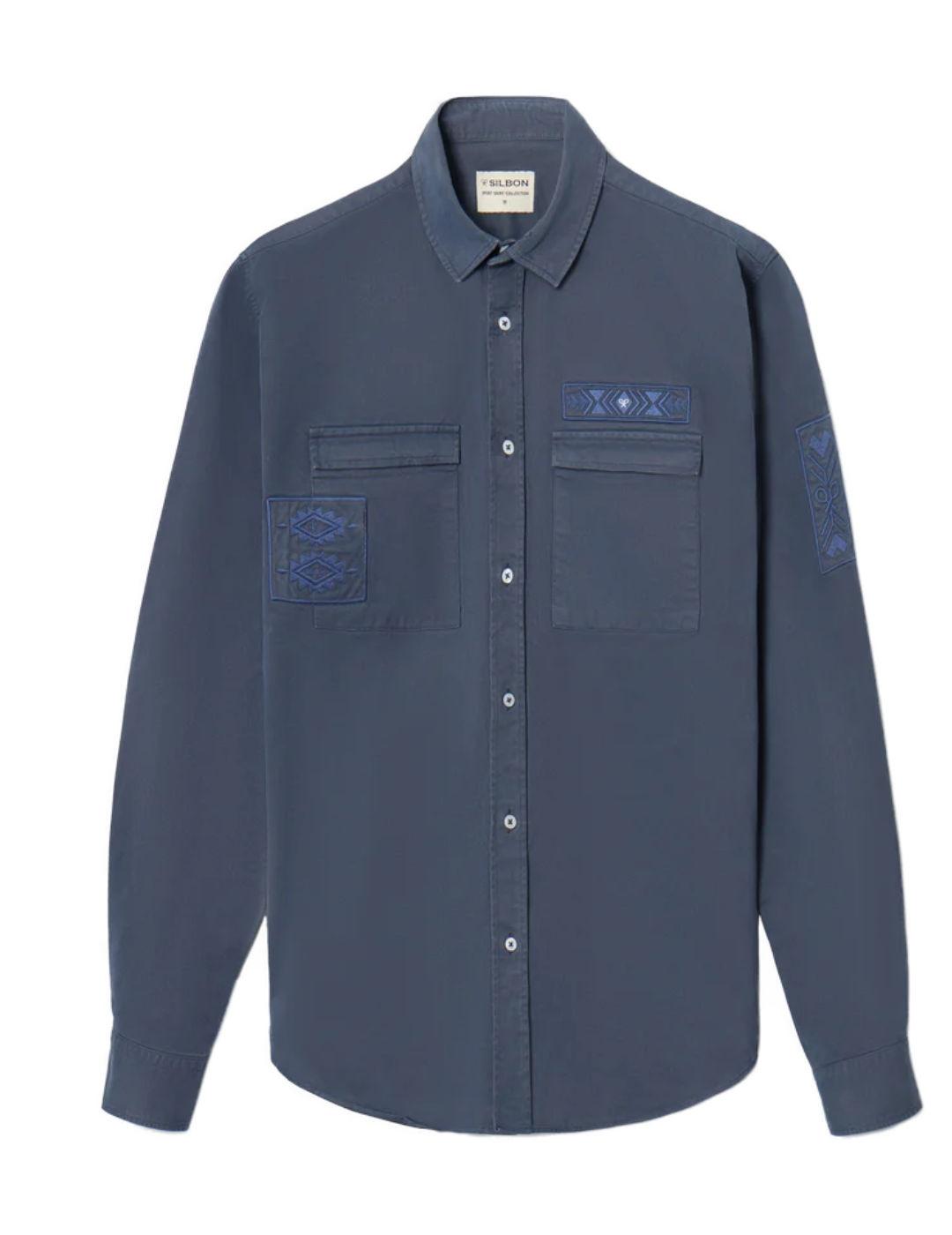 Sobrecamisa Silbon azul marino bordado étnico para hombre