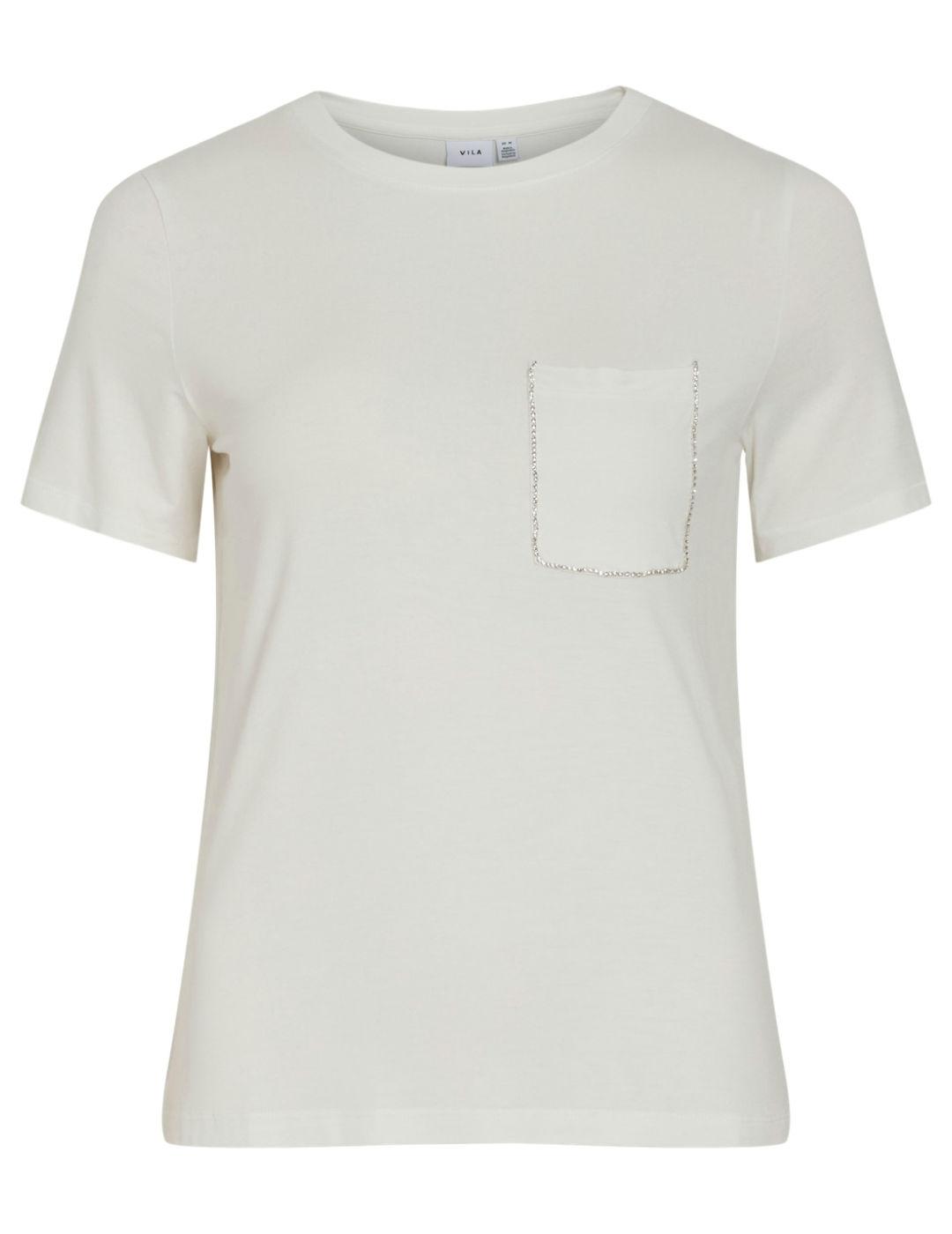 Camiseta Vila Mase blanco bolsillo brillo manga corta mujer