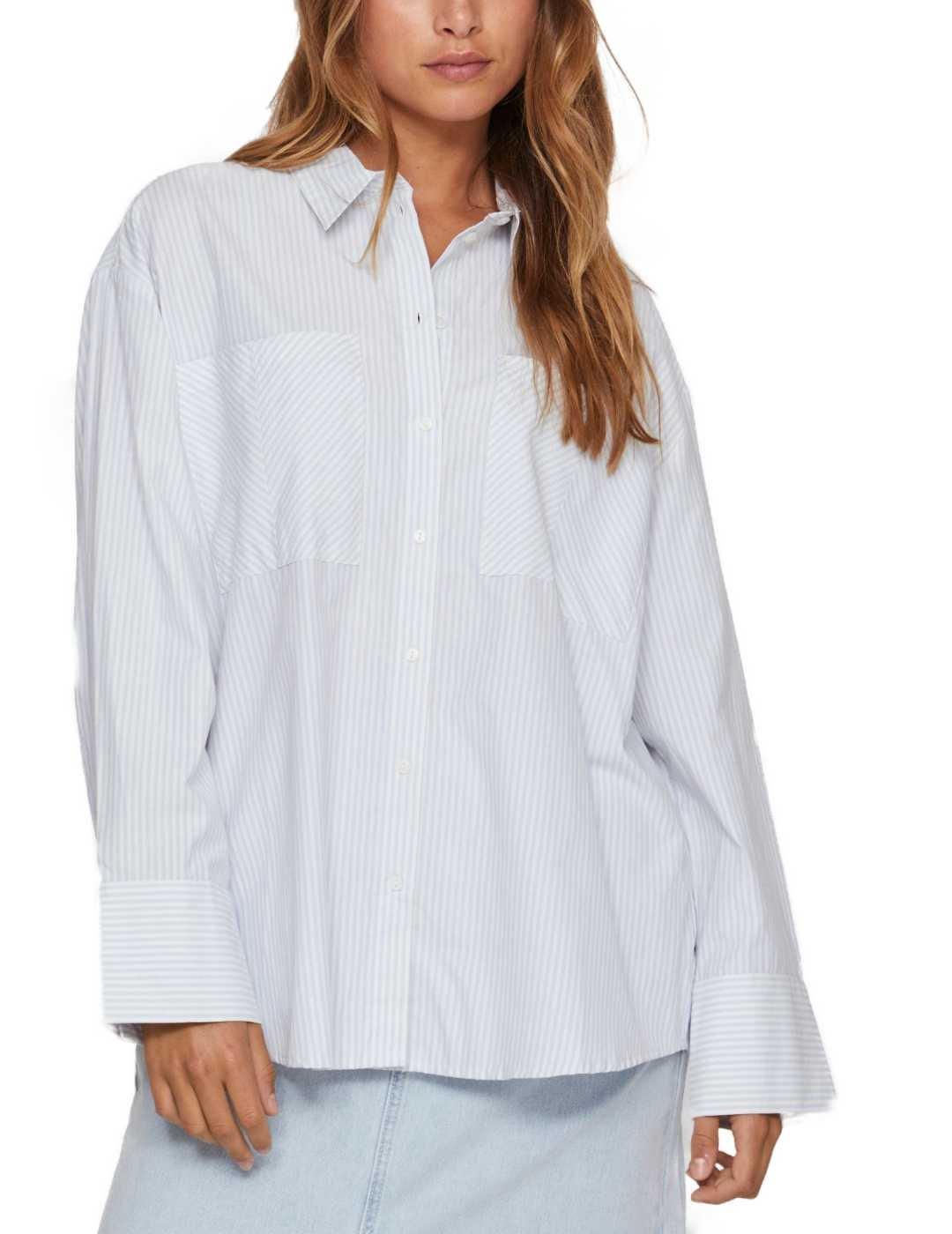 Camisa Vila Fine beige rayas azules regular fit para mujer