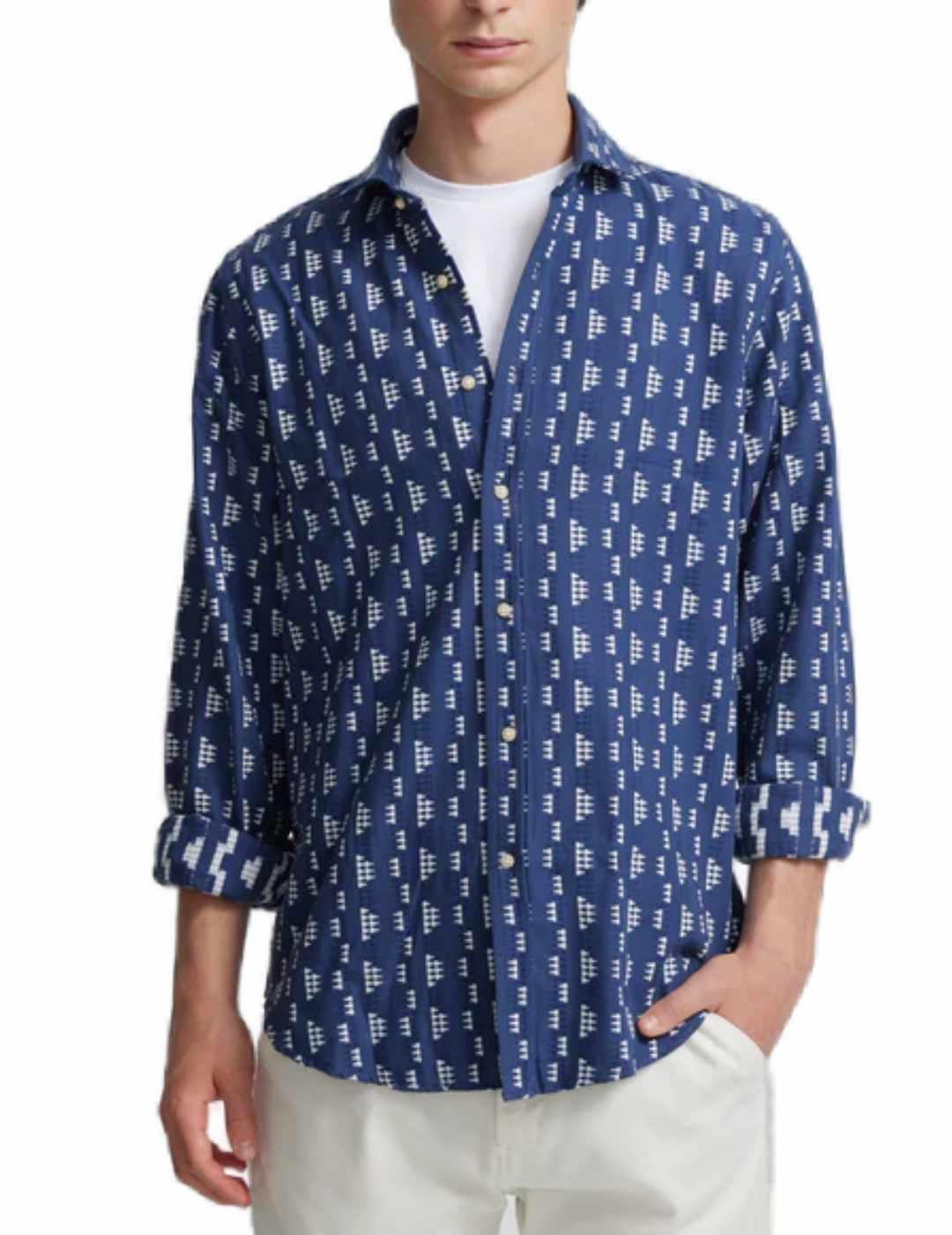 Camisa sport Silbon bordados étnicos azul regular de hombre