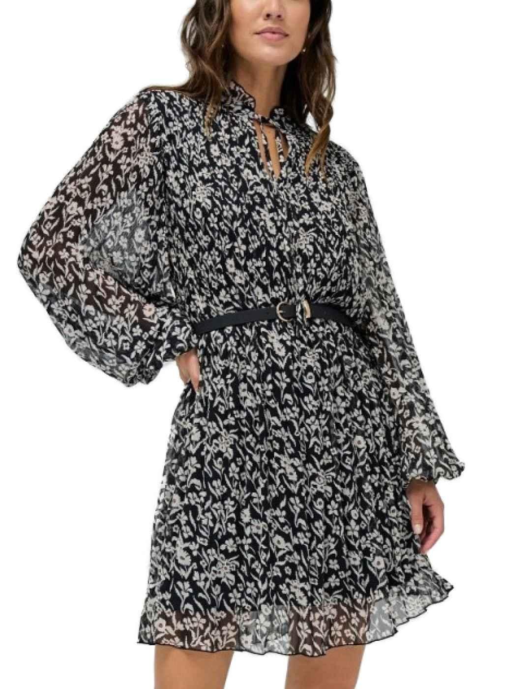 Vestido Salsa plisado negro flores manga larga para mujer