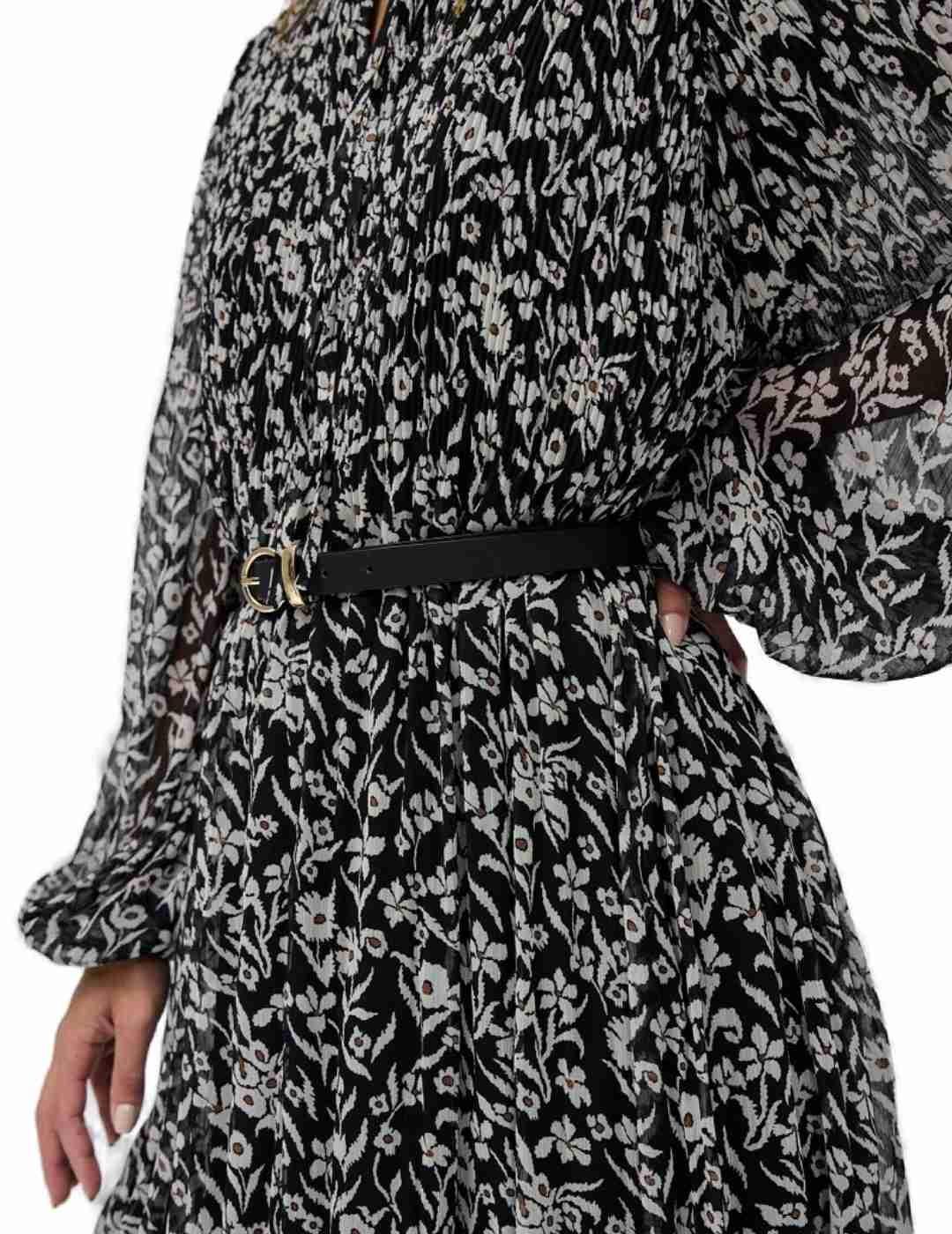 Vestido Salsa plisado negro flores manga larga para mujer