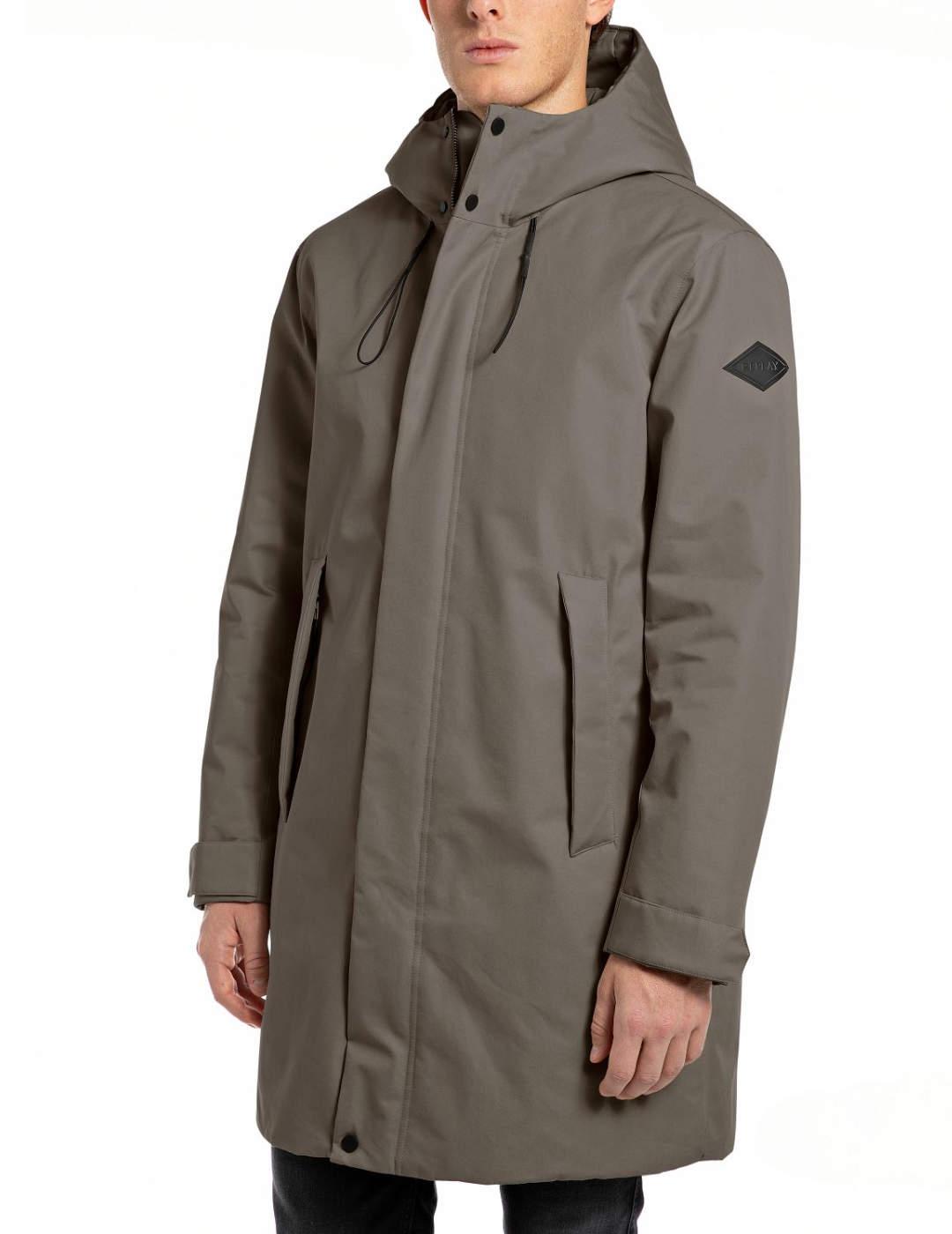 Parka Replay gris 3/4 con capucha regular para hombre