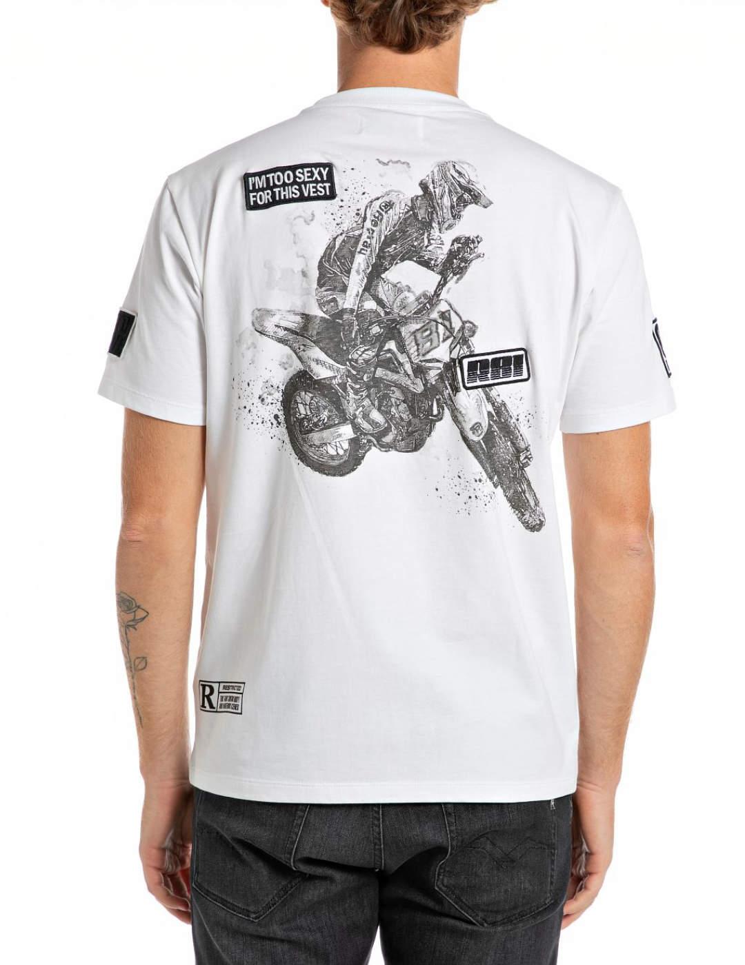 Camiseta Replay blanca parches manga corta para hombre