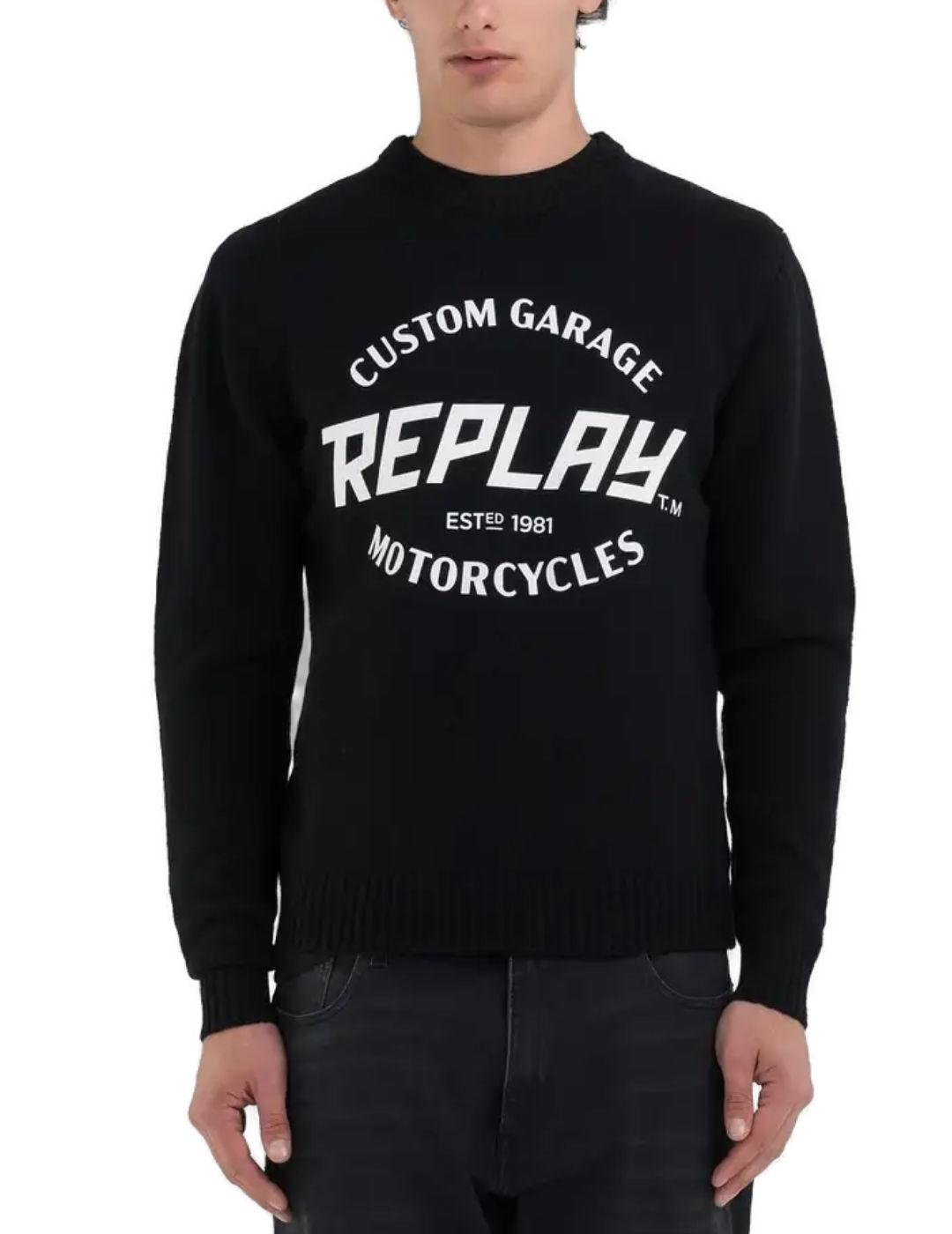 Jersey Replay negro letras blancas lana regular para hombre