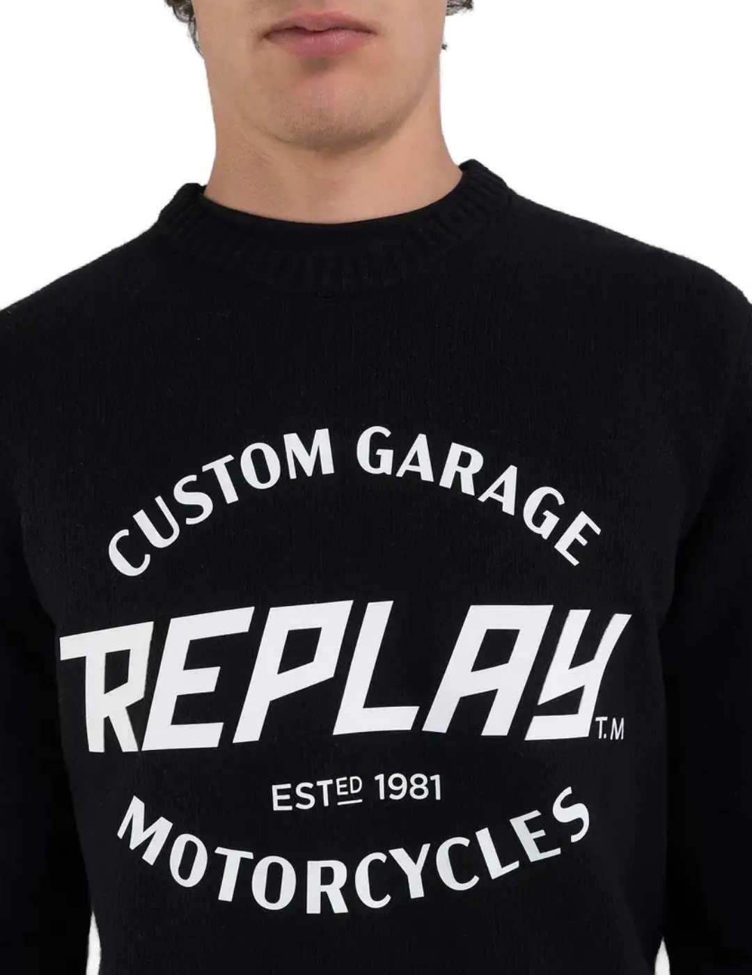 Jersey Replay negro letras blancas lana regular para hombre