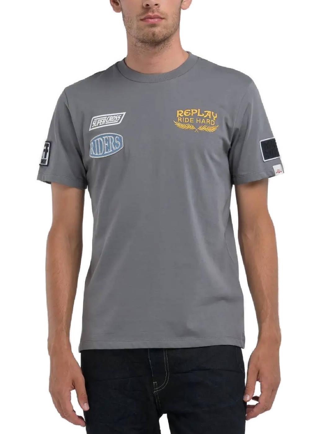 Camiseta Replay gris parches manga corta regular para hombre