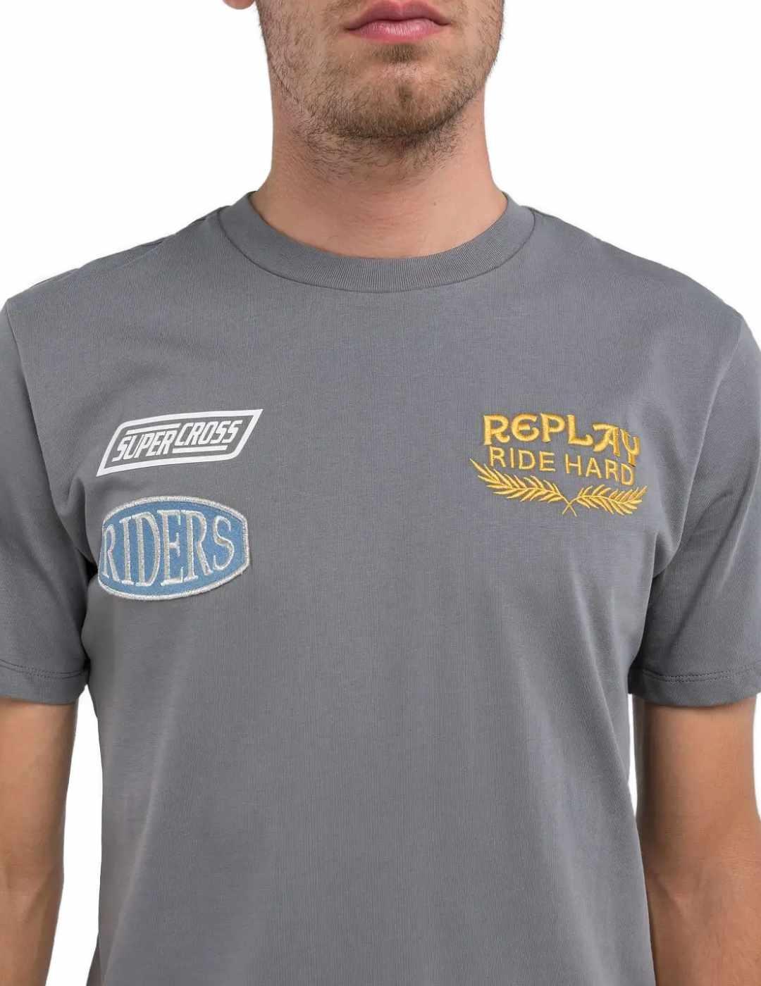 Camiseta Replay gris parches manga corta regular para hombre