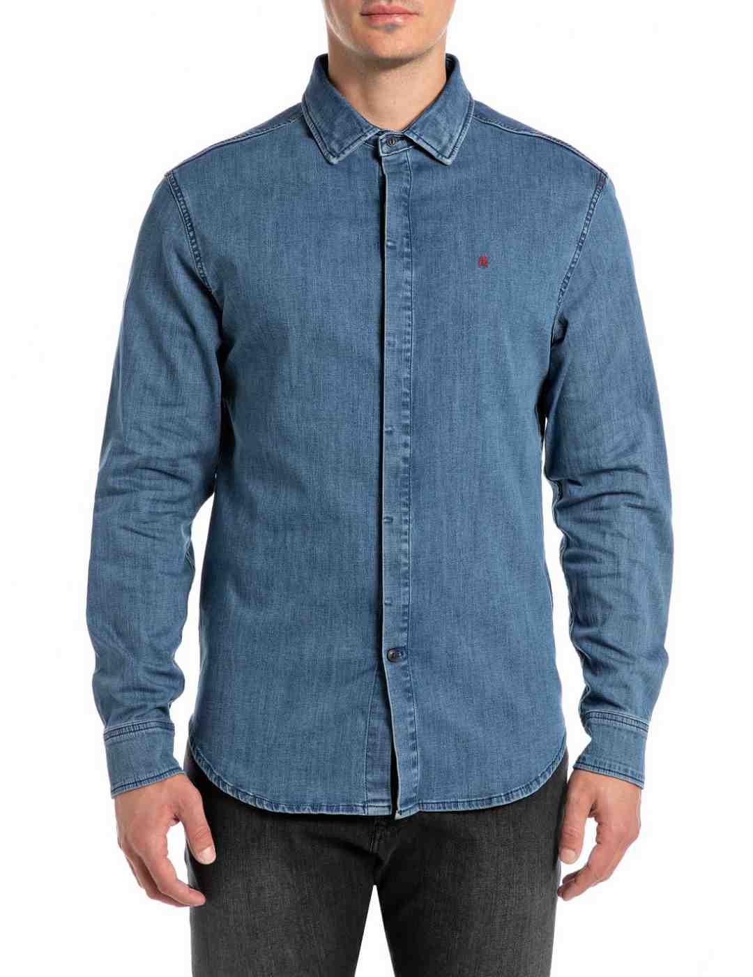 Camisa Replay azul oscuro denim básica regular para hombre