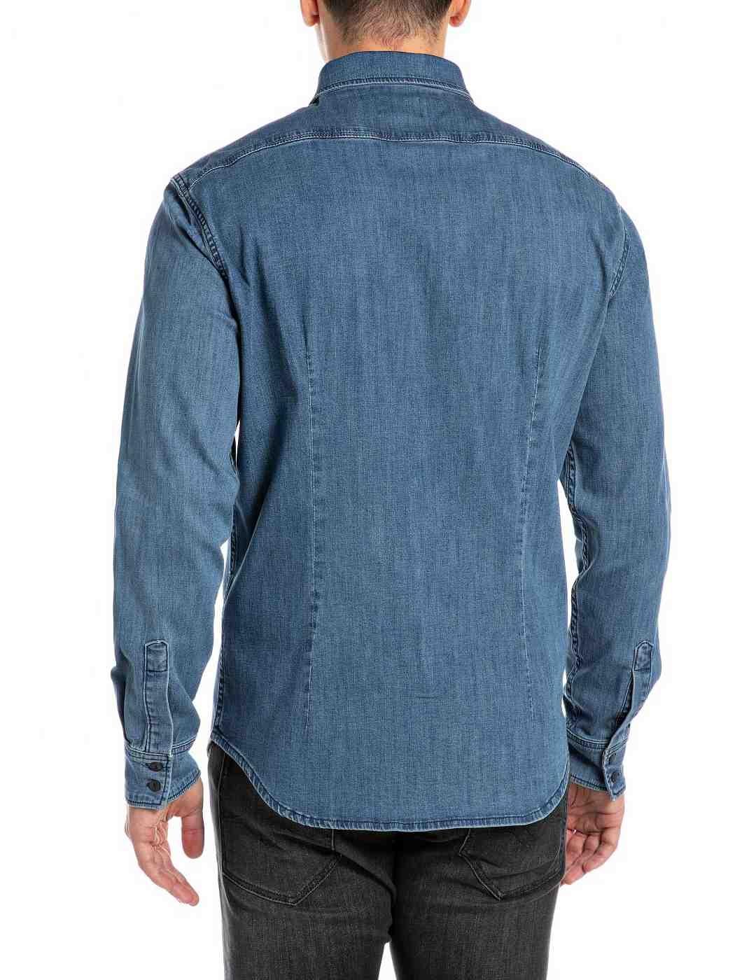 Camisa Replay azul oscuro denim básica regular para hombre