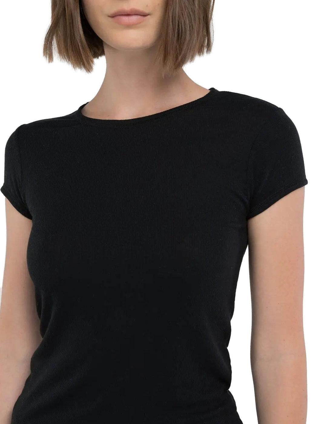 Camiseta Replay negra de canalé manga corta para mujer