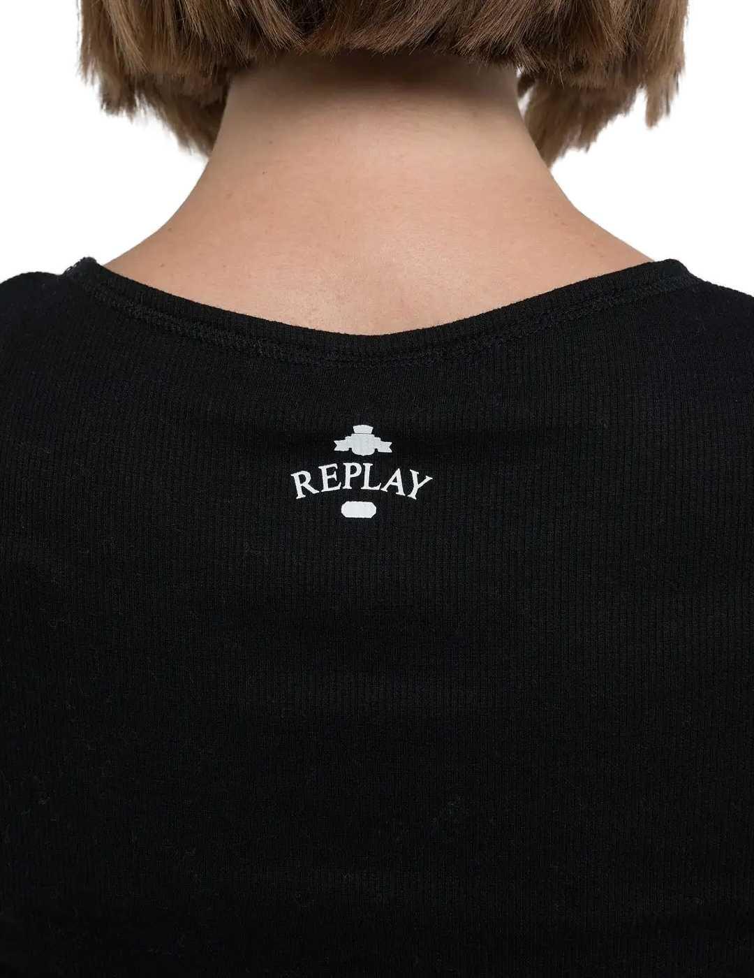 Camiseta Replay negra de canalé manga corta para mujer