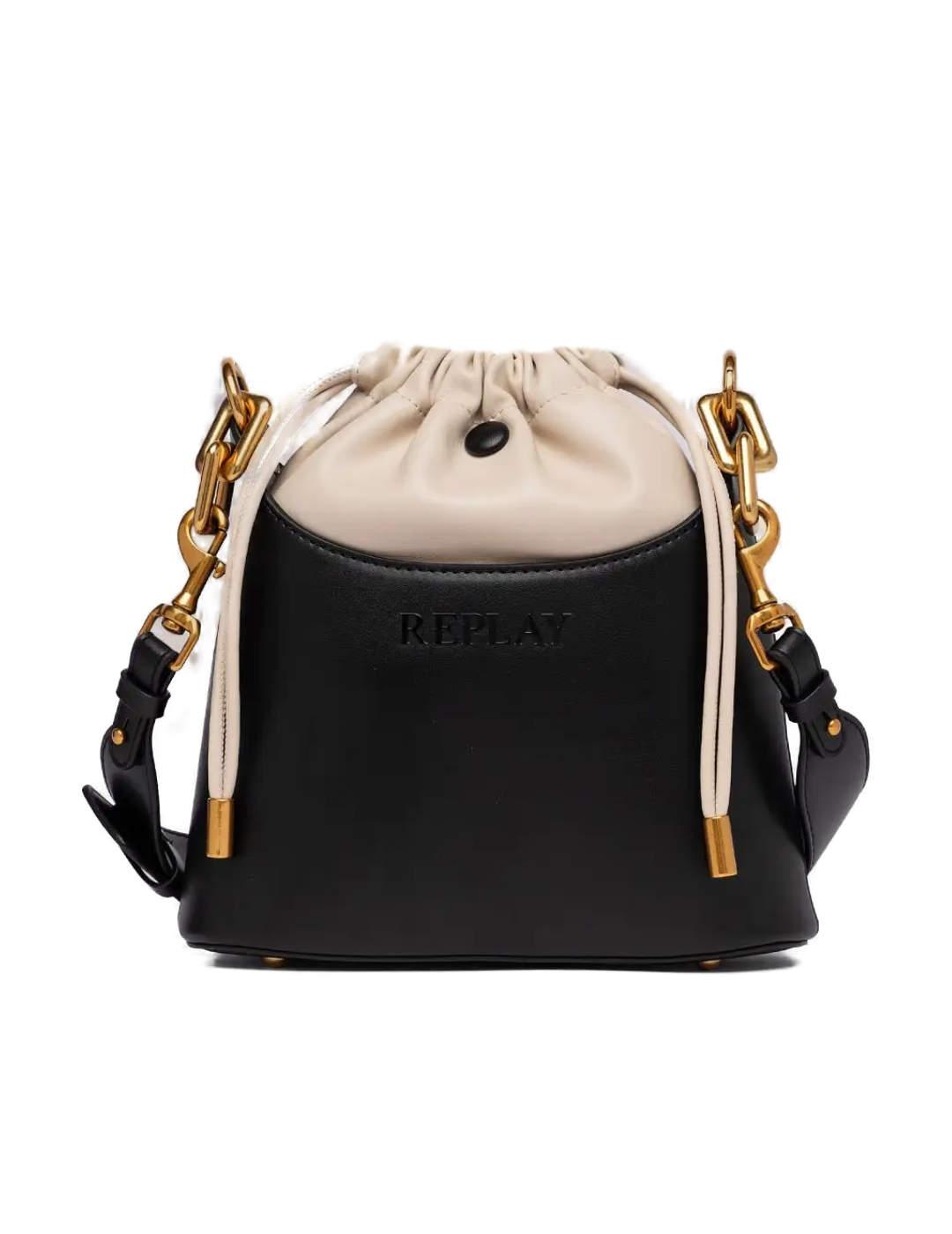 Bolso Replay cubo negro y beige polipiel pequeño para mujer