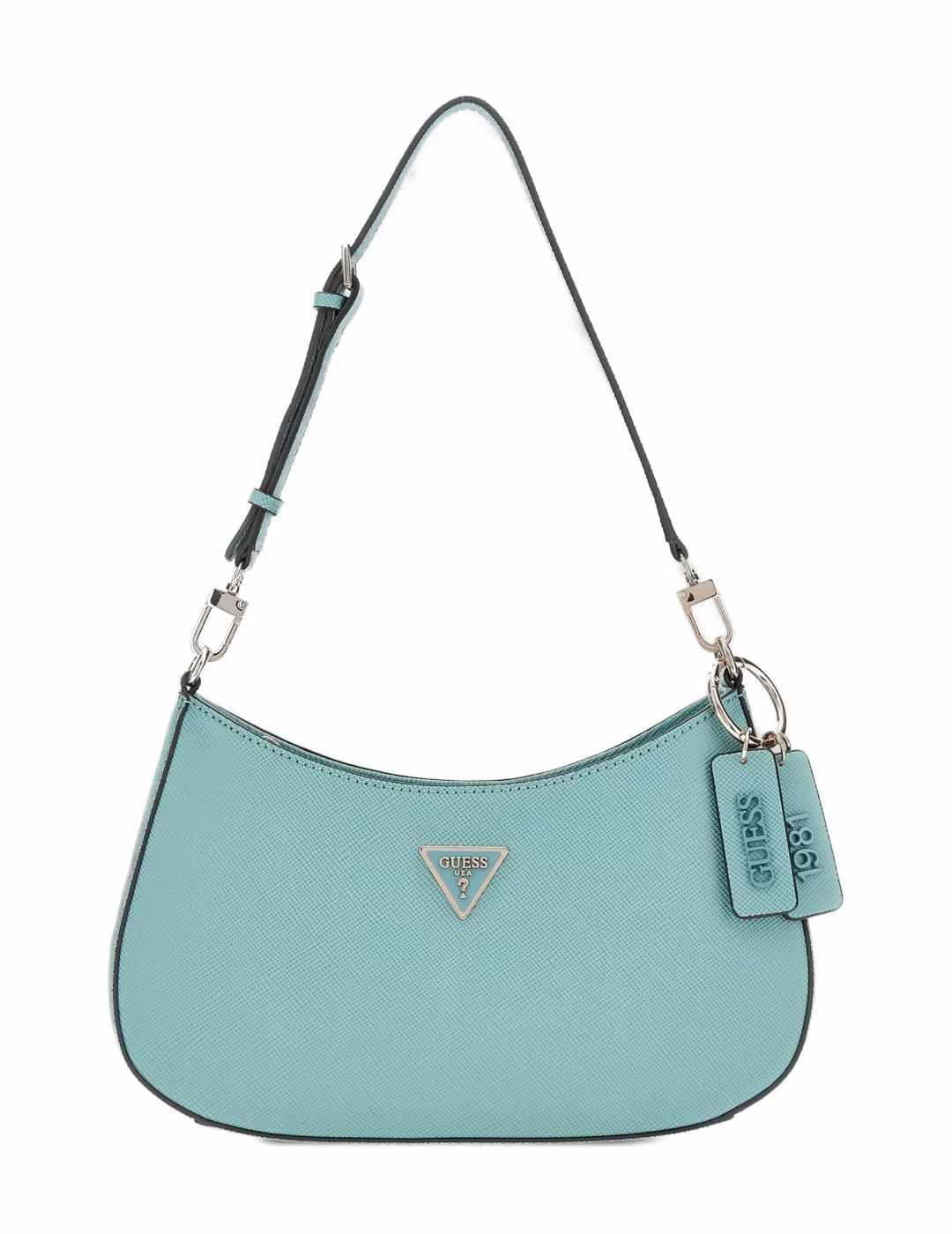 Bolso Guess Shoulder Noelle turquesa medialuna para mujer