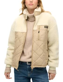 Chaqueta Superdry polar beige y crudo regular para mujer