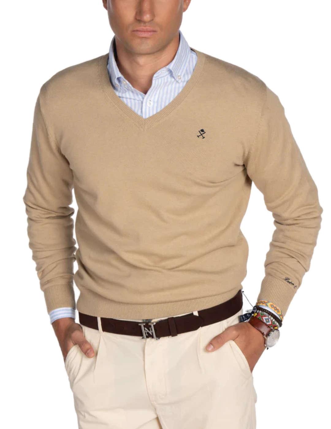 Jersey de punto fino Harper&Neyer V neck camel para hombre