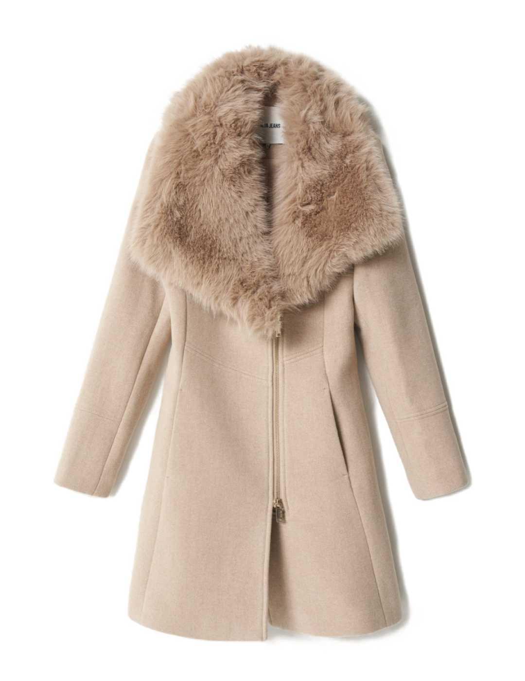 Abrigo de paño Salsa beige con pelo en el cuello para mujer