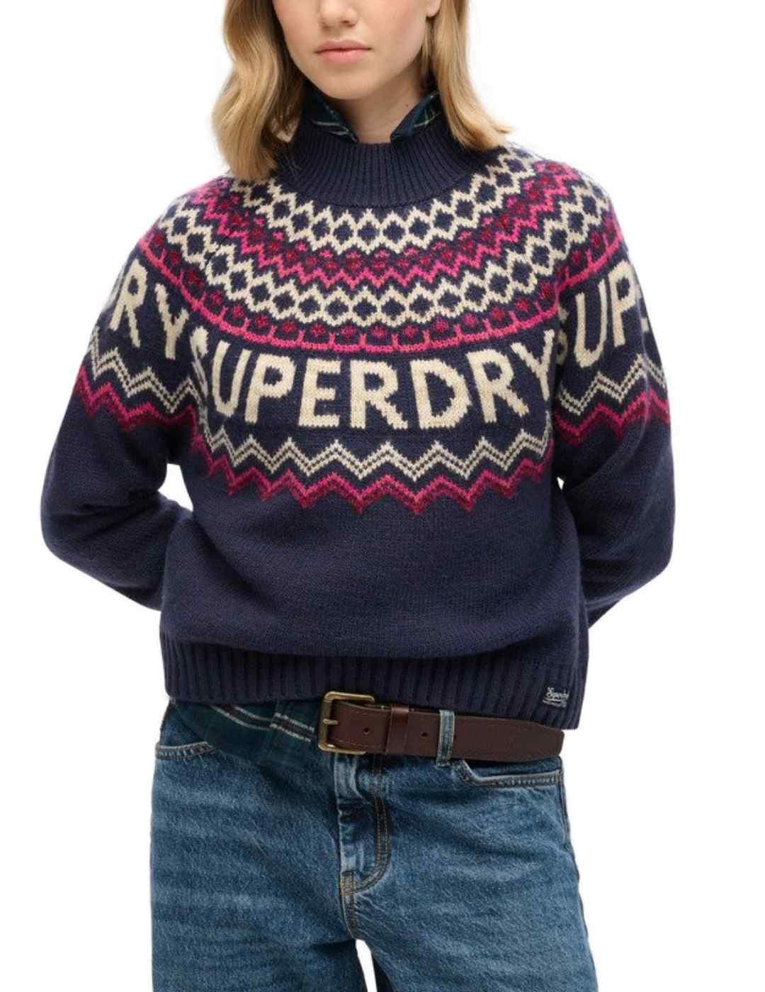 Jersey Superdry Fairisle grecas marino de lana para mujer