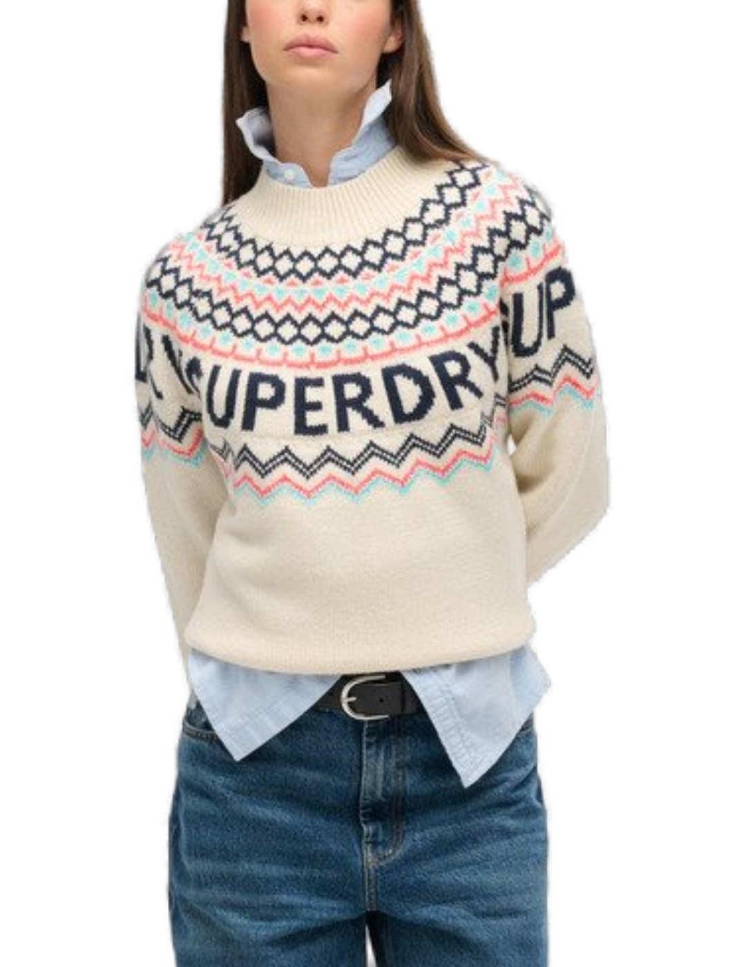 Jersey Superdry Fairisle grecas beige de lana para mujer