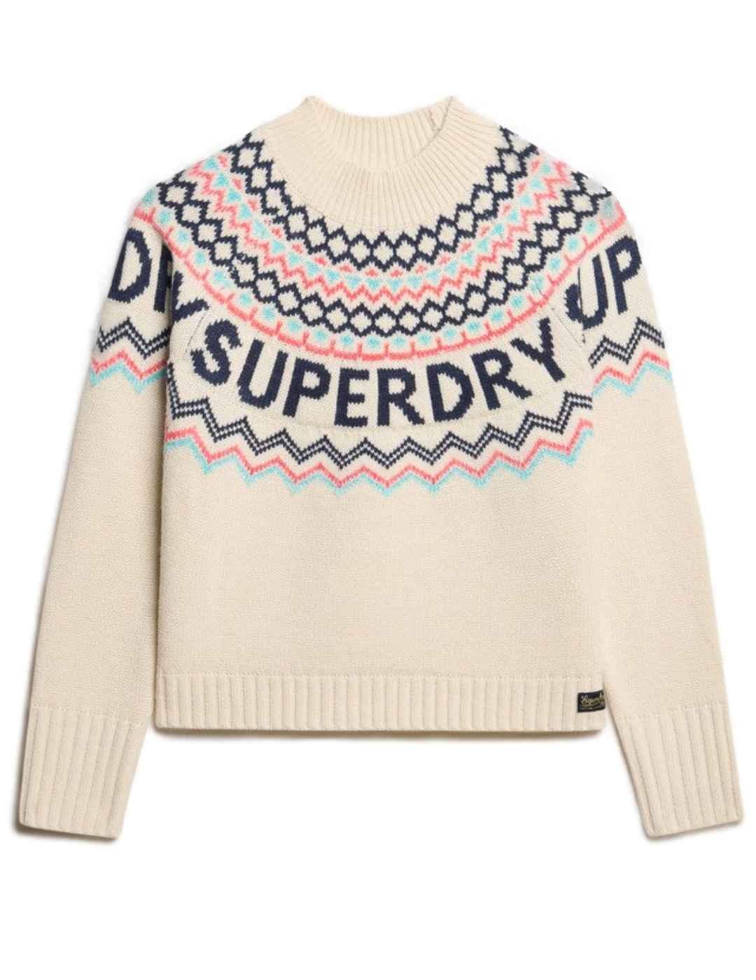 Jersey Superdry Fairisle grecas beige de lana para mujer