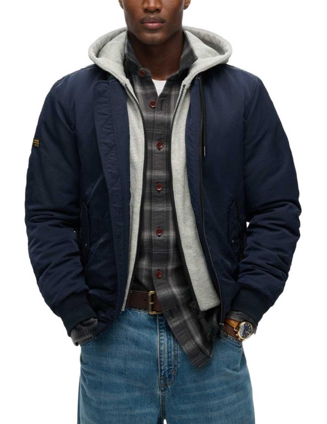 Abrigo Superdry azul marino con capucha y cremallera hombre