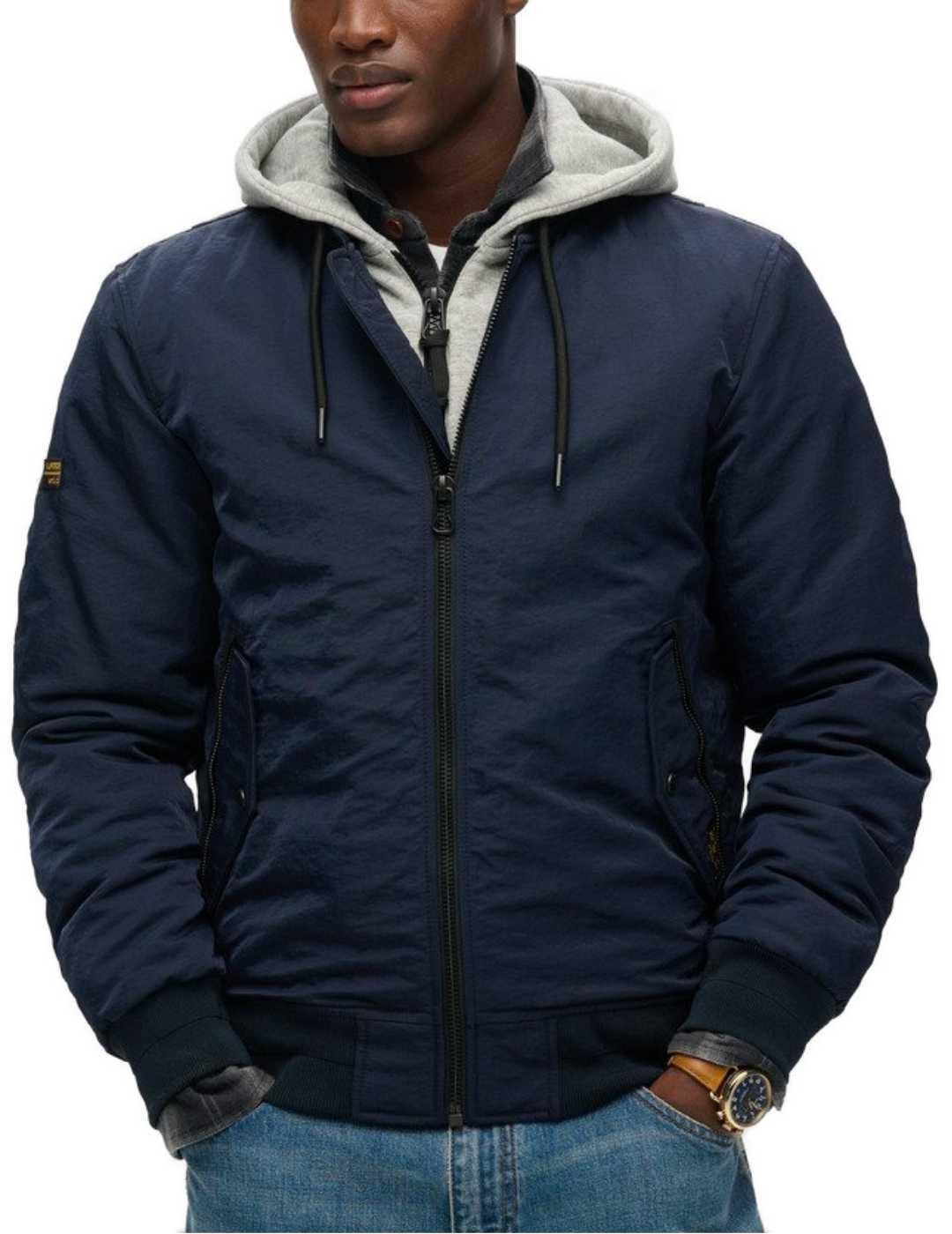 Abrigo Superdry azul marino con capucha y cremallera hombre