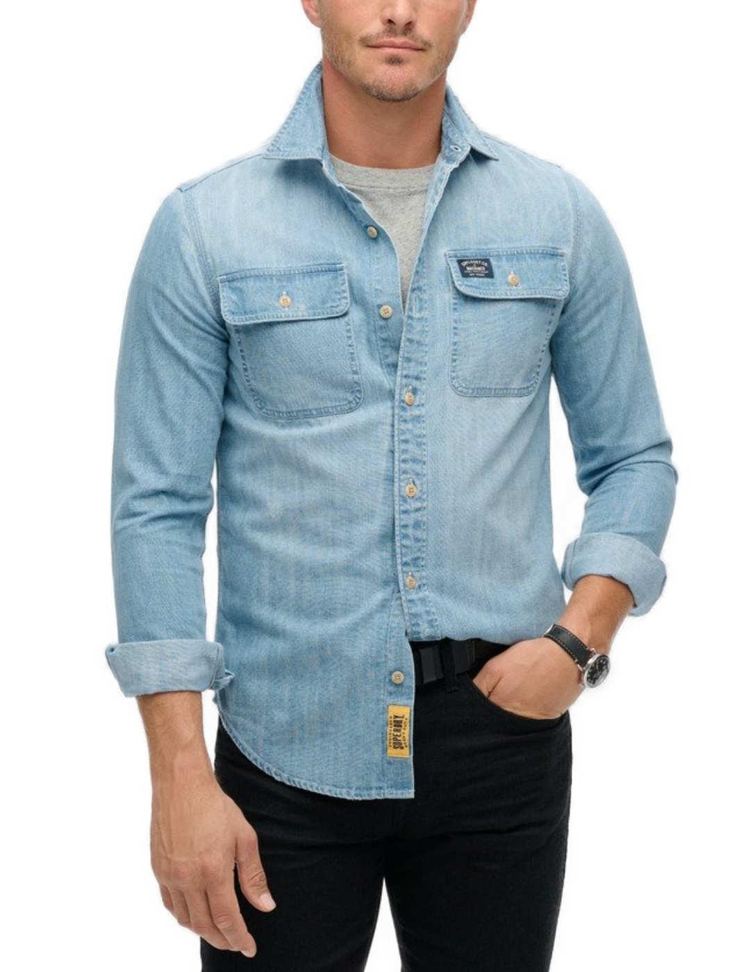 Camisa vaquera Superdry Workwear azul claro para hombre