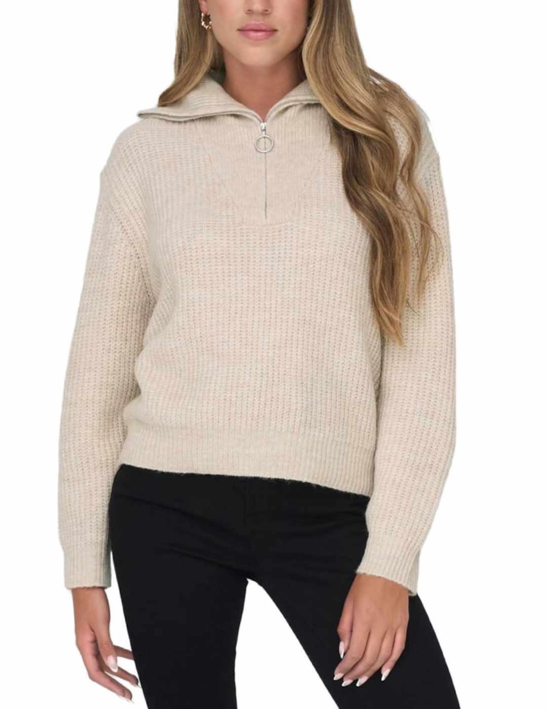 Jersey Only Baker beige cuello alto y cremallera de mujer