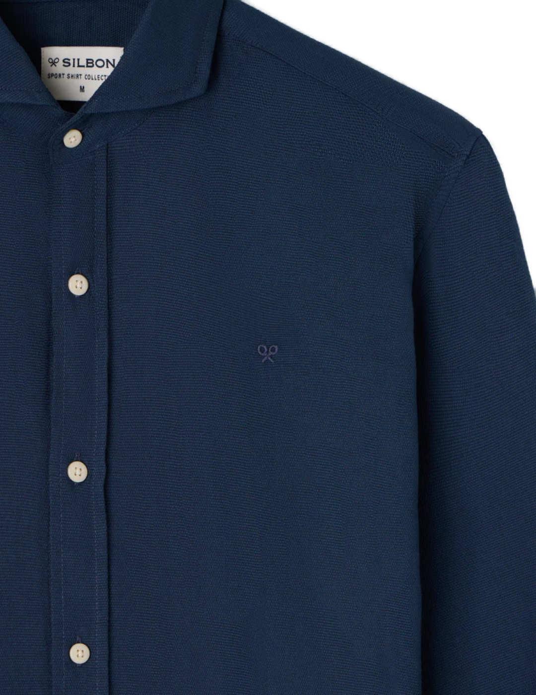 Camisa Silbon sport lisa micropiqué azul marino para hombre