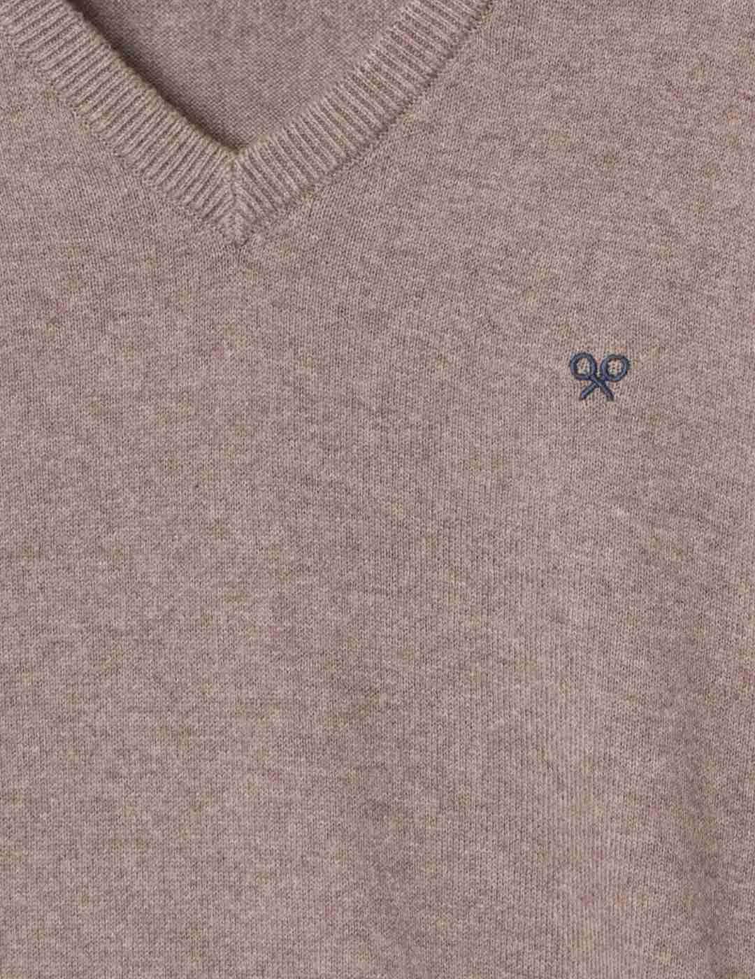 Jersey Silbon clásico liso  taupe cuello de pico para hombre