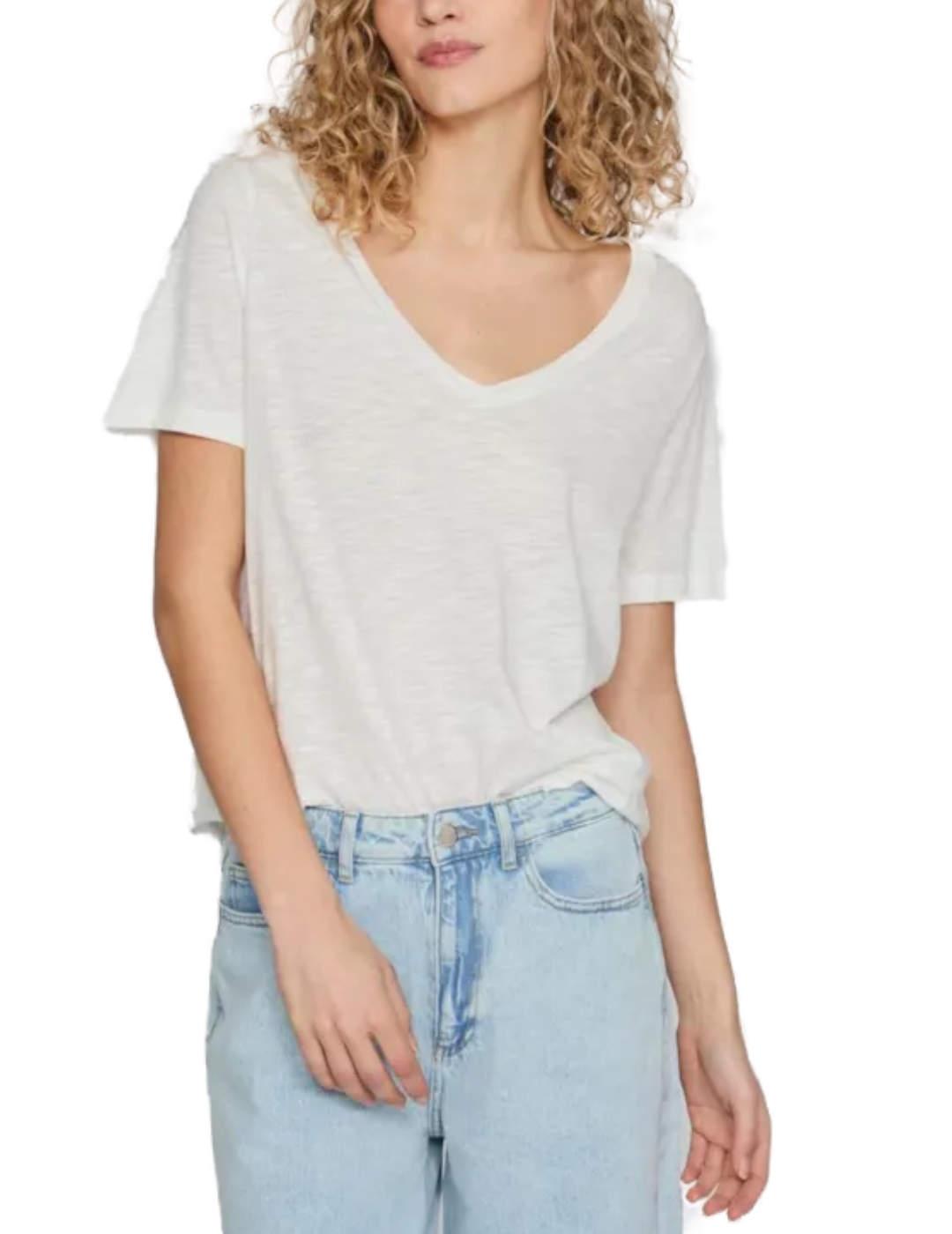 Camiseta Vila Nova cuello en V blanca manga corta para mujer