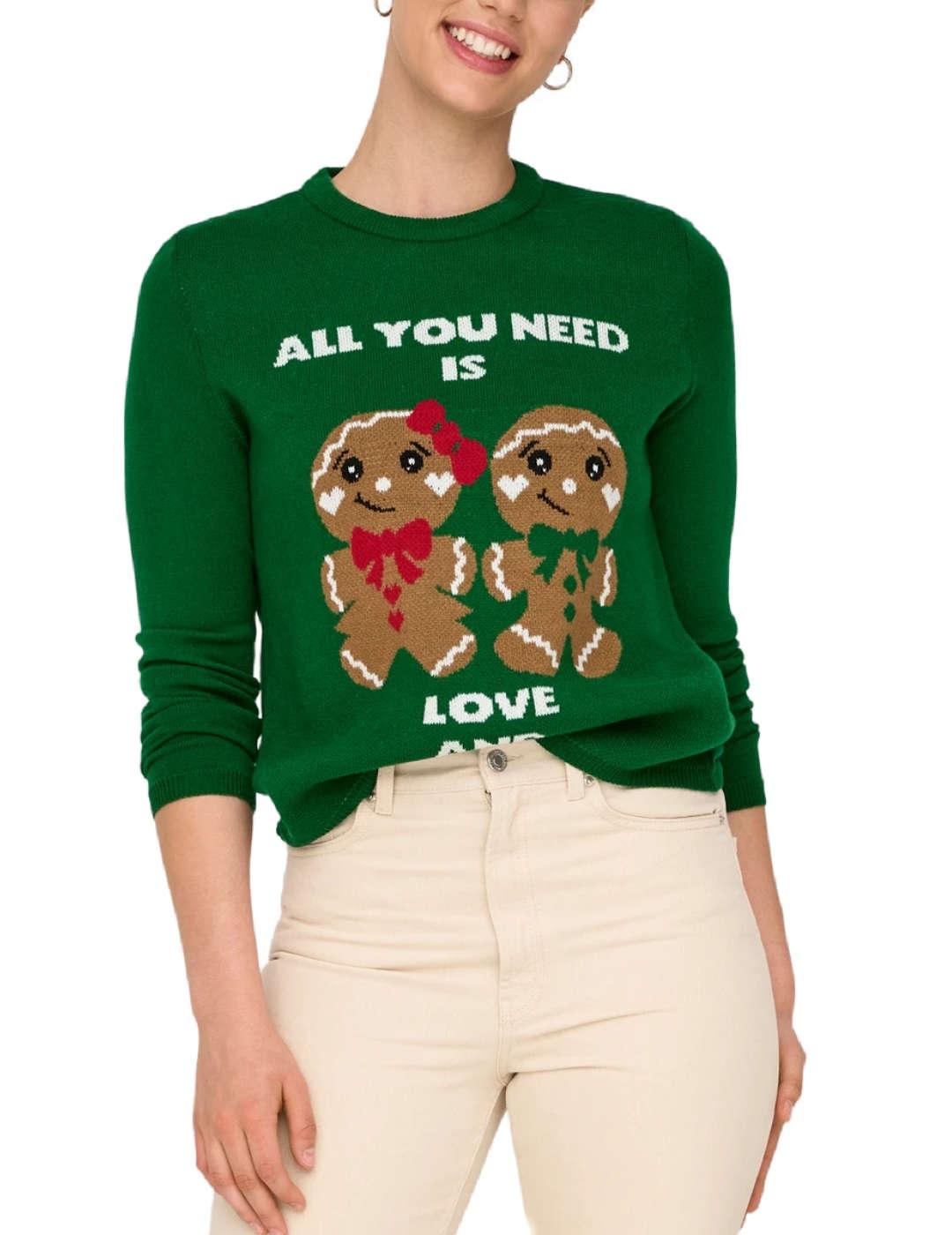 Jersey Only Xmas verde galletas de punto regular para mujer