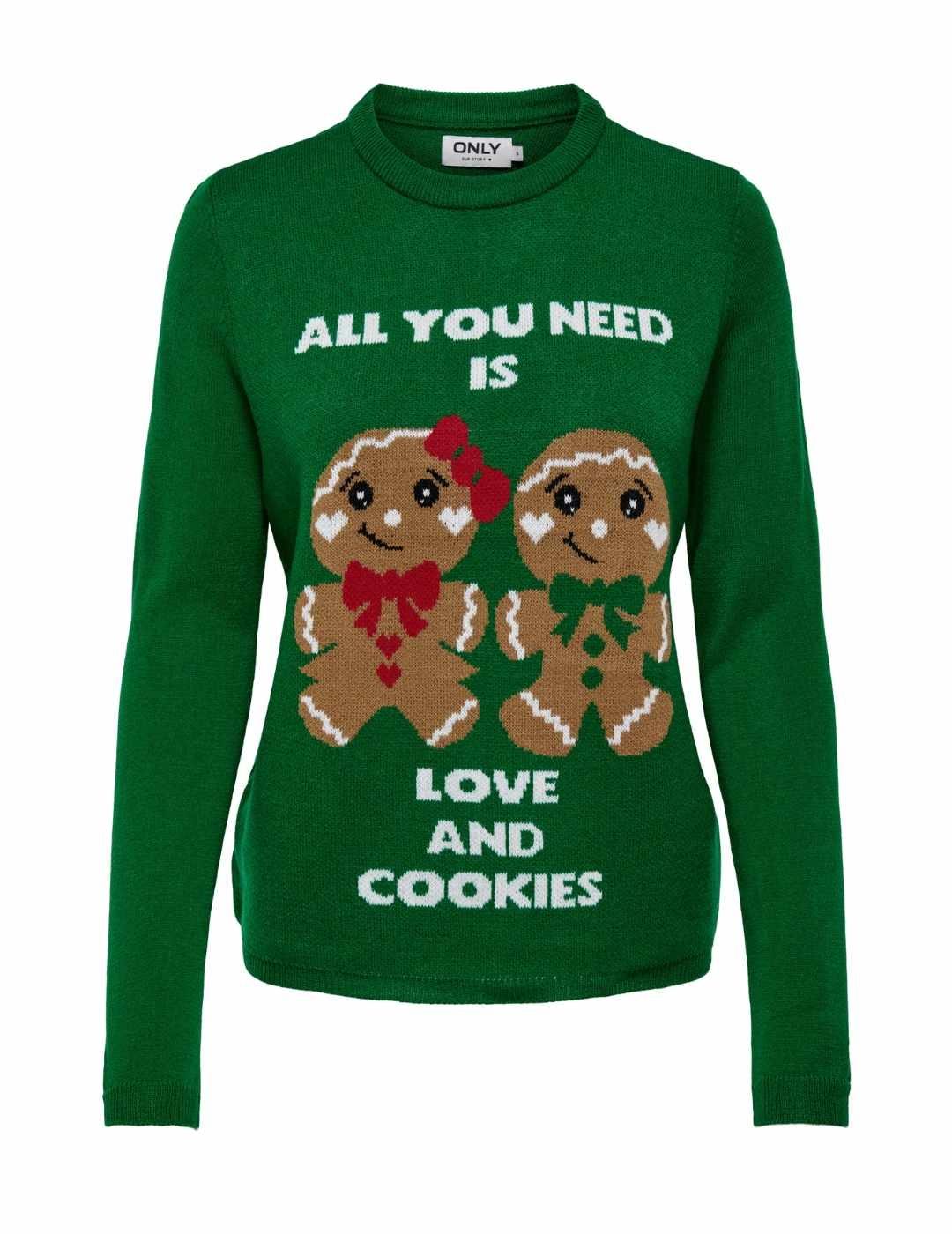 Jersey Only Xmas verde galletas de punto regular para mujer