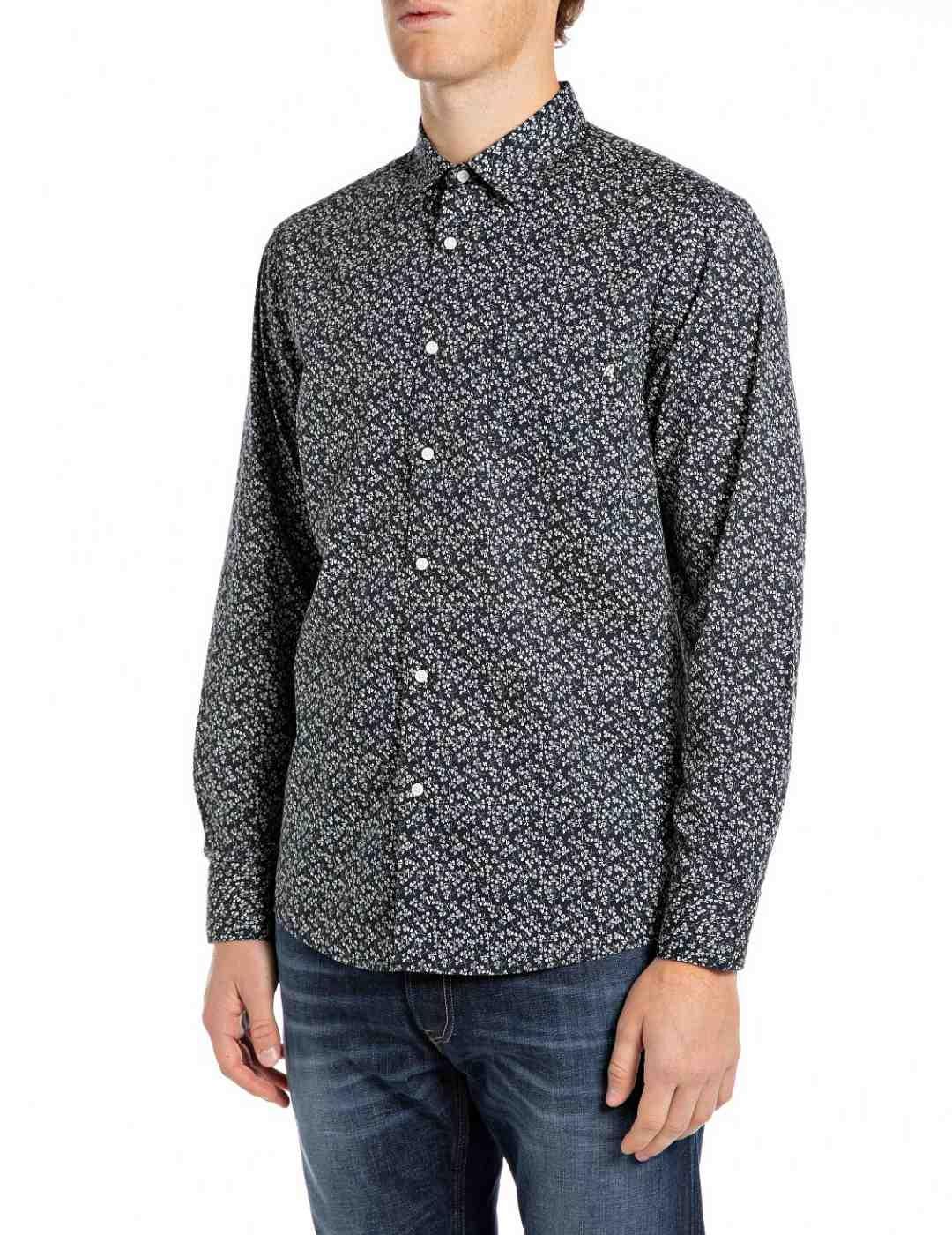 Camisa Replay marino estampado de popelina para hombre