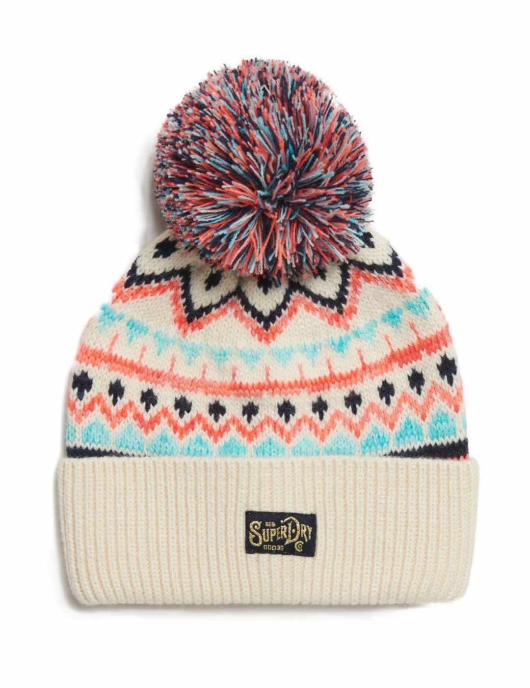 Gorro Superdry estampado beige de lana con pompón para mujer