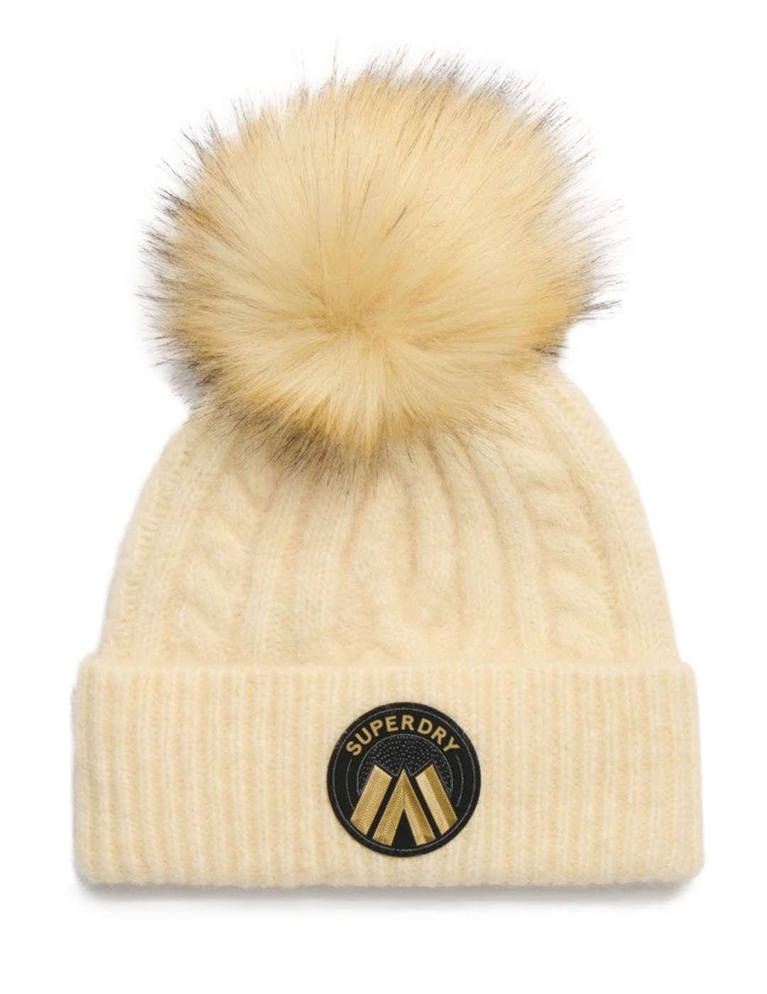 Gorro Superdry Luxe crudo de lana con pompón para mujer