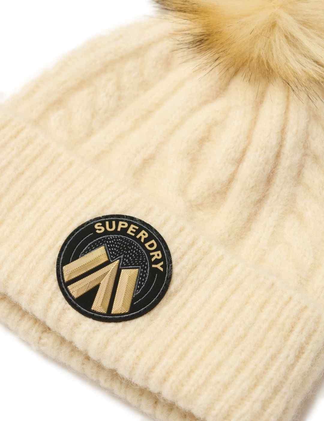 Gorro Superdry Luxe crudo de lana con pompón para mujer