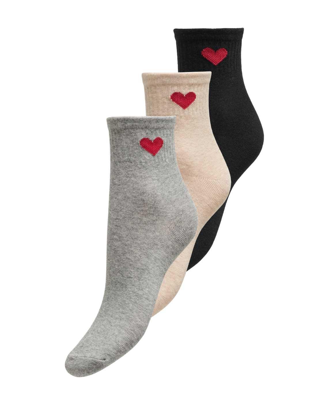 Pack calcetines Only Hannah tricolor corazón bordado mujer