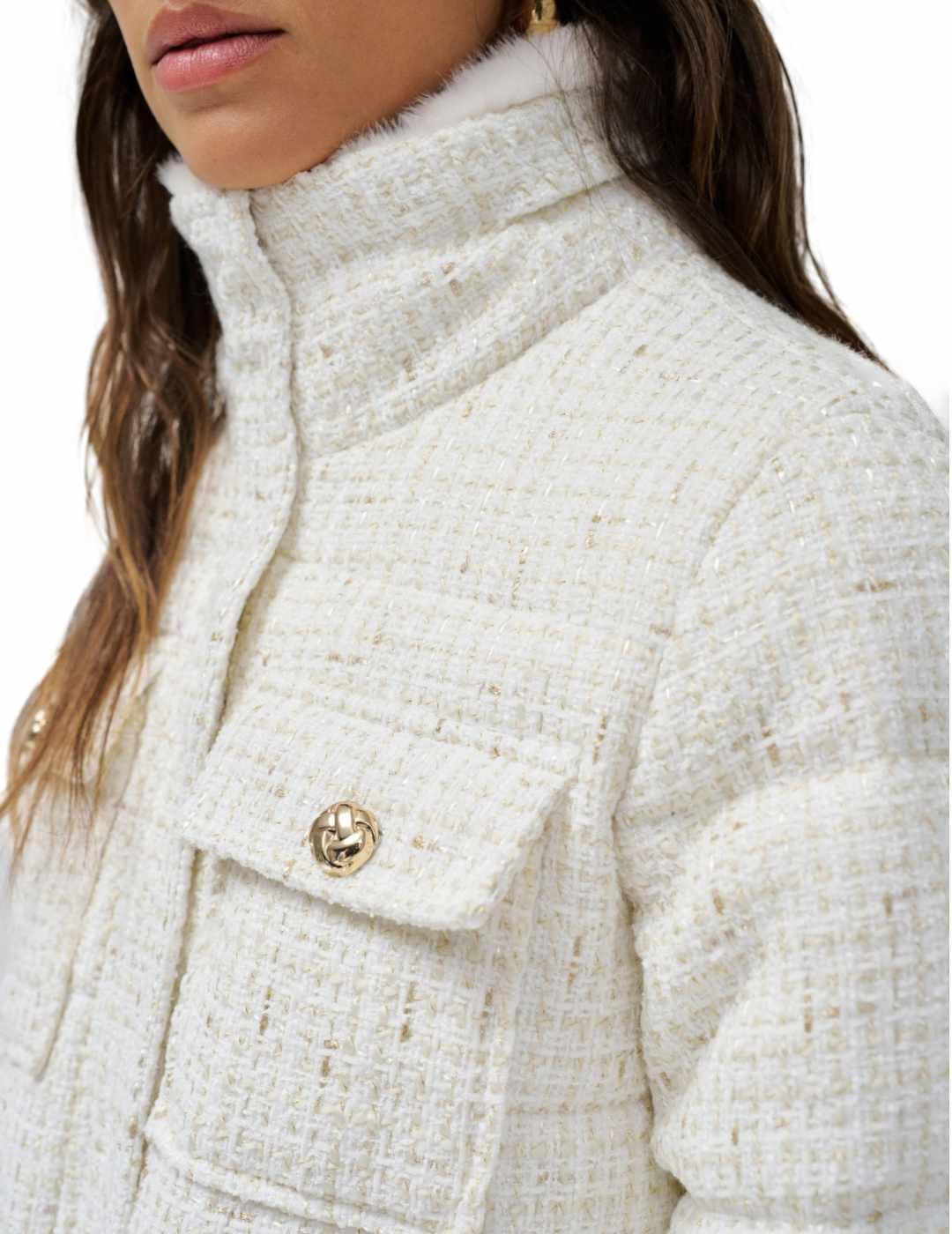 Abrigo Salsa blanco y beige tweed sin capucha para mujer