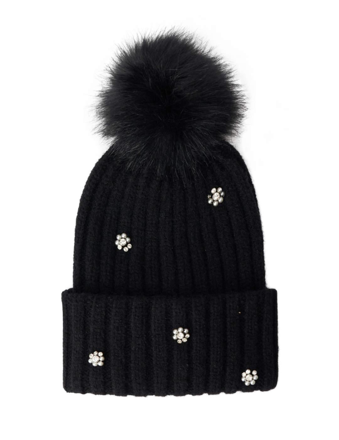 Gorro Salsa negro adornos pompon de punto para mujer