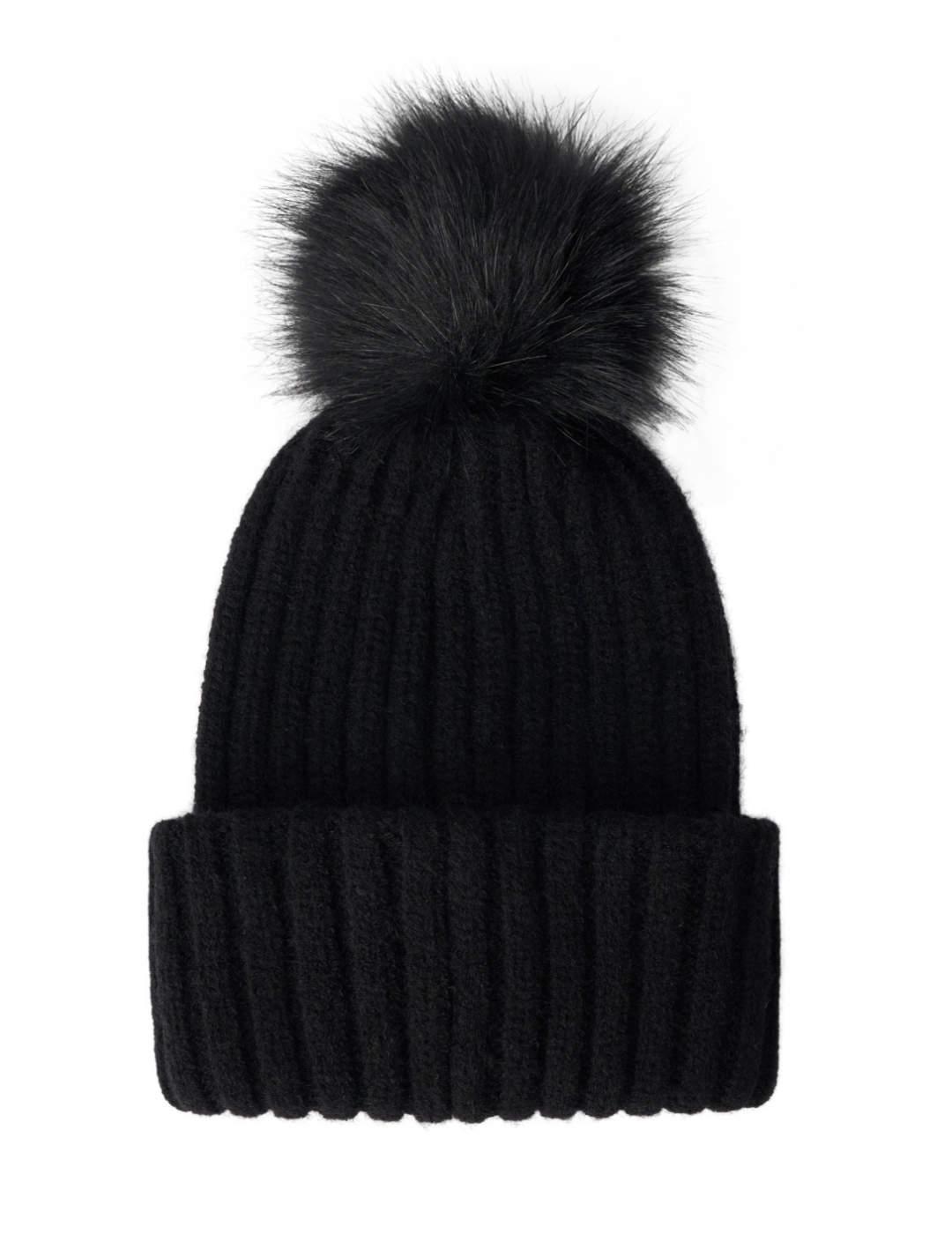 Gorro Salsa negro adornos pompon de punto para mujer